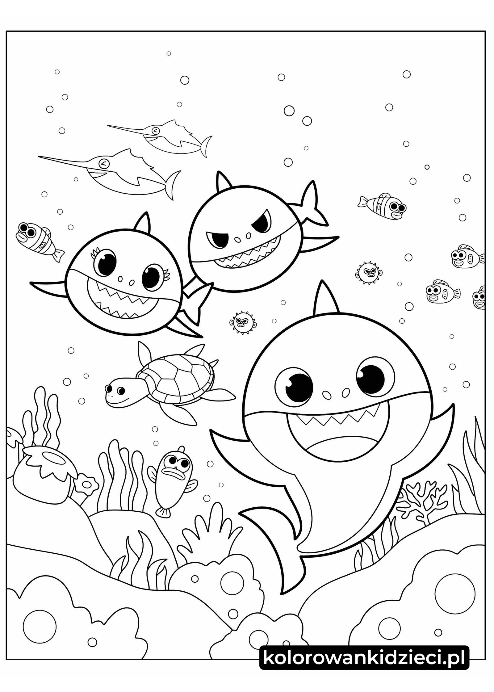 Baby shark Mama rekin i tata rekin pływanie kolorowanki