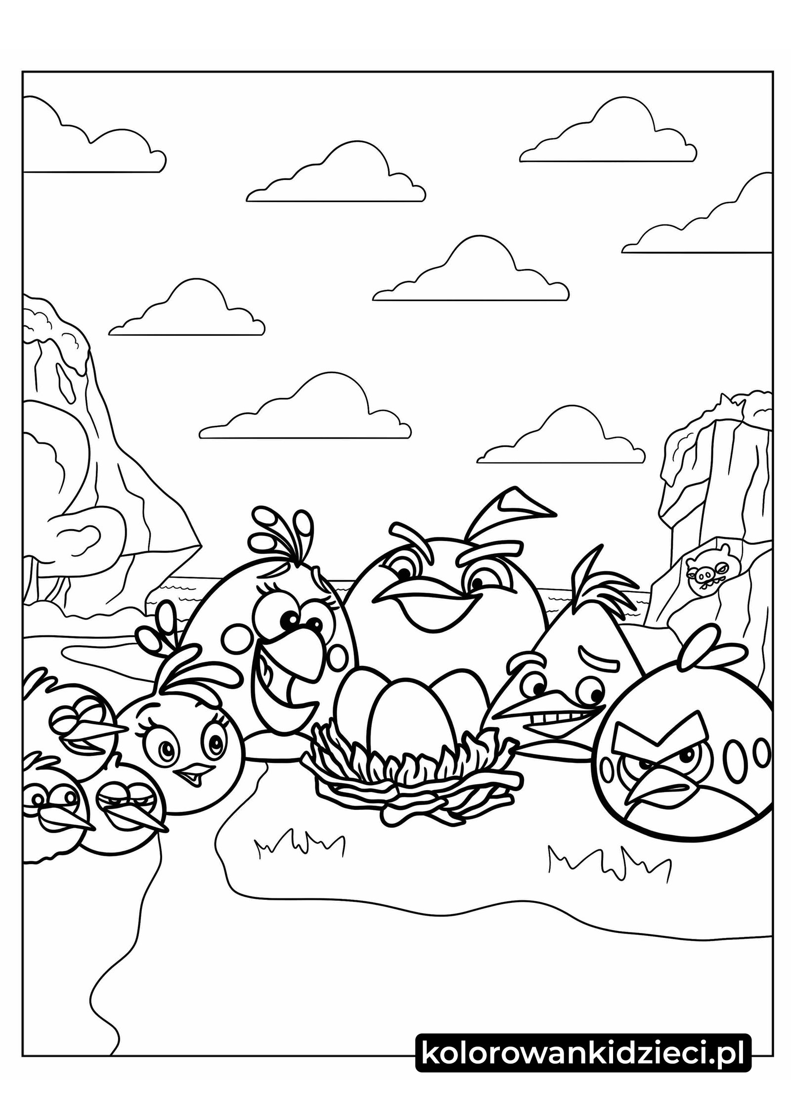 Kolorowanka do druku Angry Birds wokół jaj w gnieździe Kolorowanka-Angry-Birds-wokół-jaj-w-gnieździe