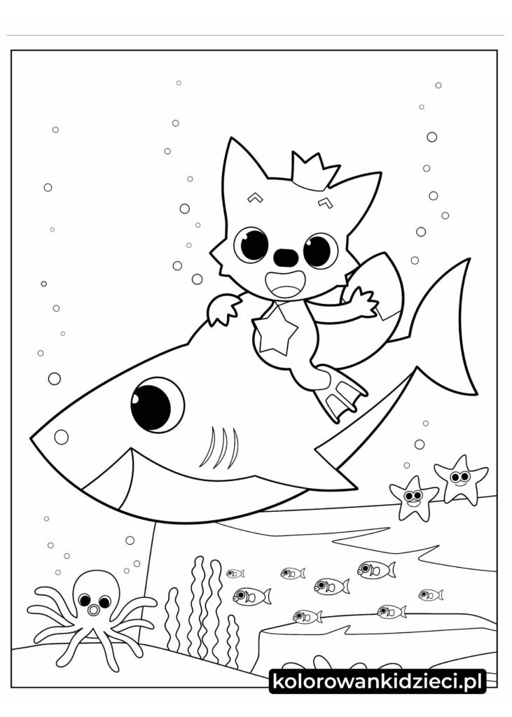 Kolorowanka-Arkusz-Różowy-Fong-Jeżdżący-Na-Baby Shark