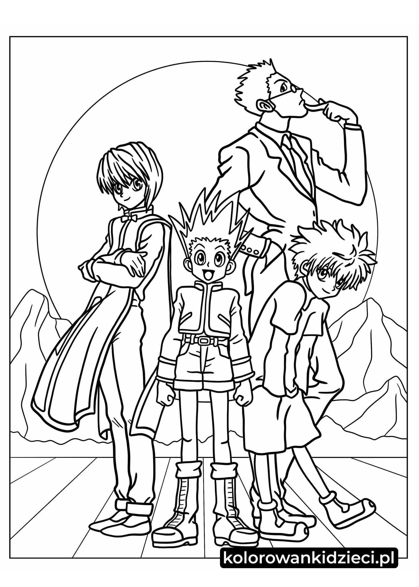 Kolorowanka do druku Anime hunter X hunter Gon Killua Kurapika Leorio Anime-hunter-X-hunter-Gon-Killua-Kurapika-Leorio-Kolorowanka-Arkusz