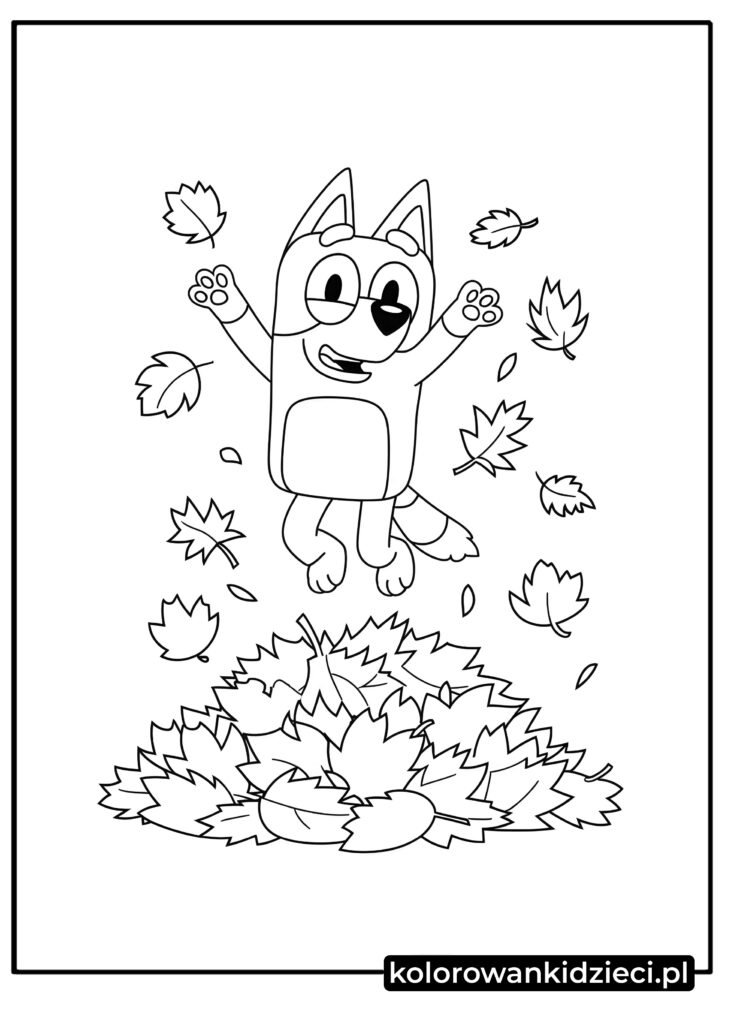 Bluey-skaczący-w-jesiennych-liściach-kolorowanka