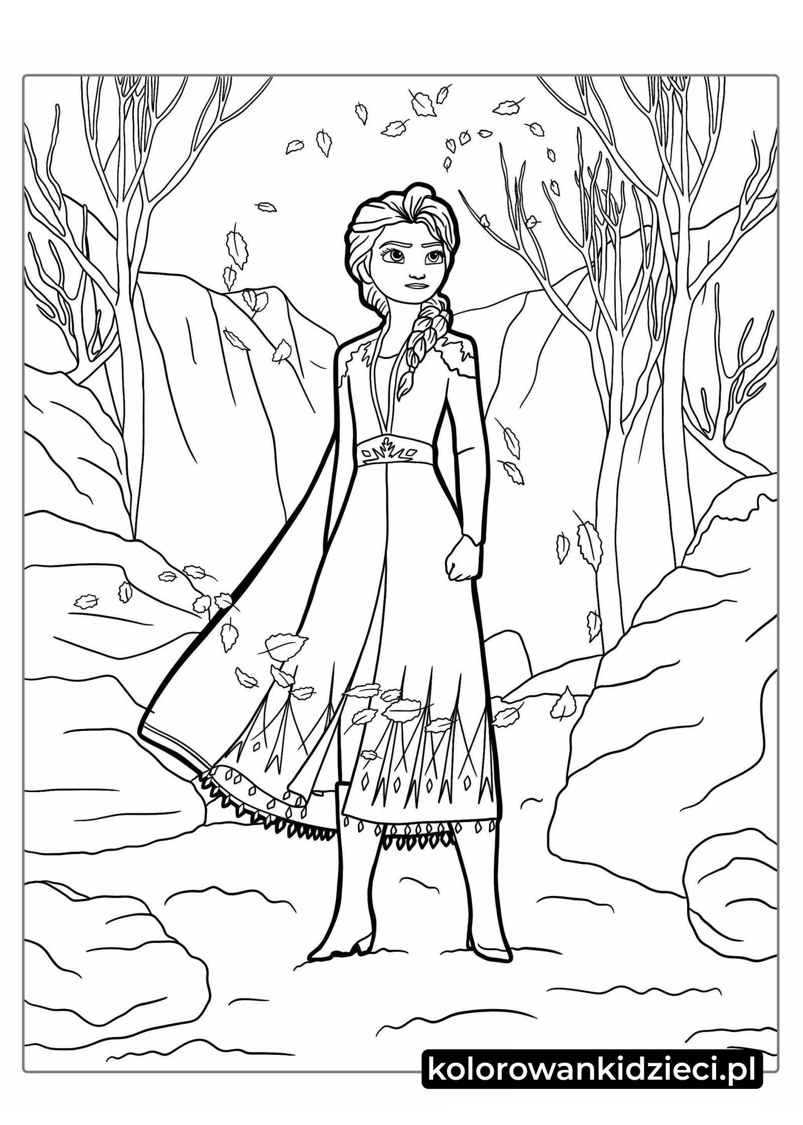 Elsa-stojaca-w-kanionie-z-wirujacymi-liscmi-kolorowanka