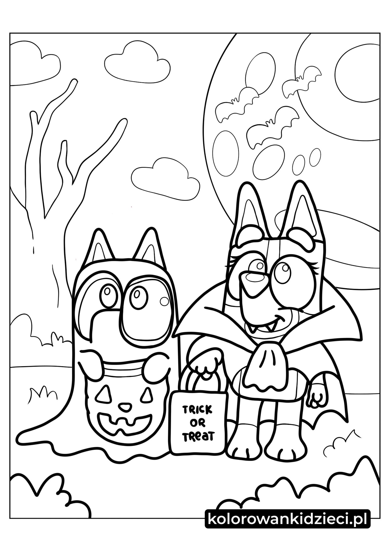 Kolorowanka-Bluey-i-Bingo-w-kostiumie-na-Halloween