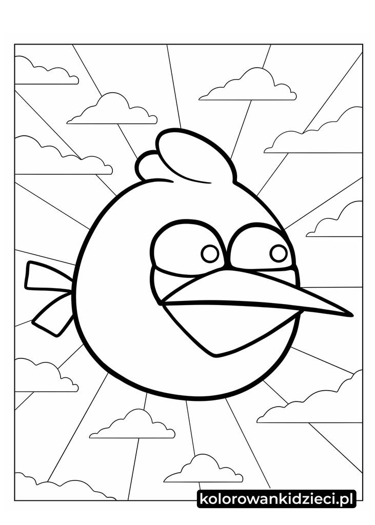 angry birds niebieskie kolorowanka - lecący niebieski ptak na tle chmur i promieni do druku