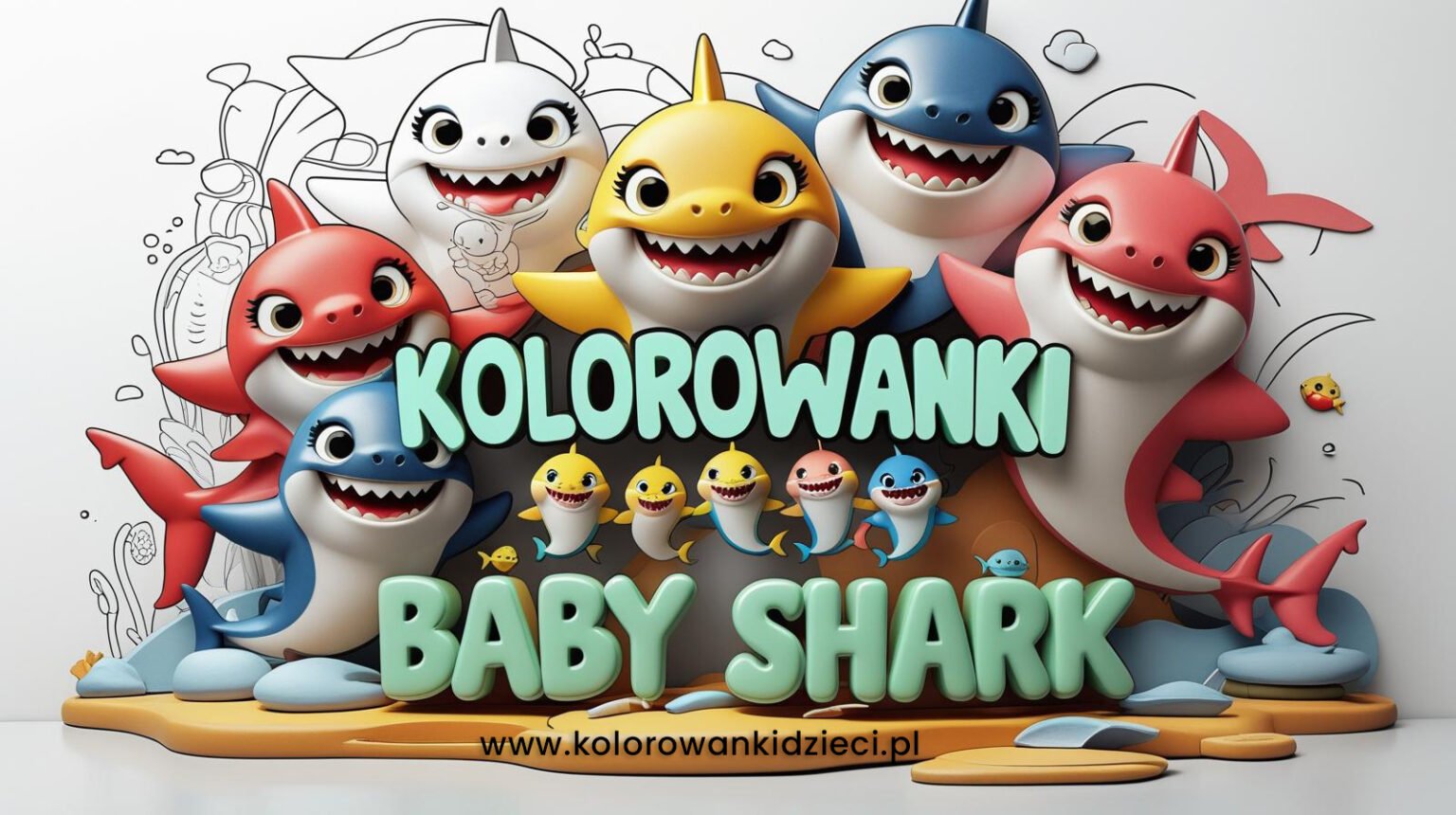 Darmowa baby shark kolorowanka do druku - radosna rodzina rekinów
