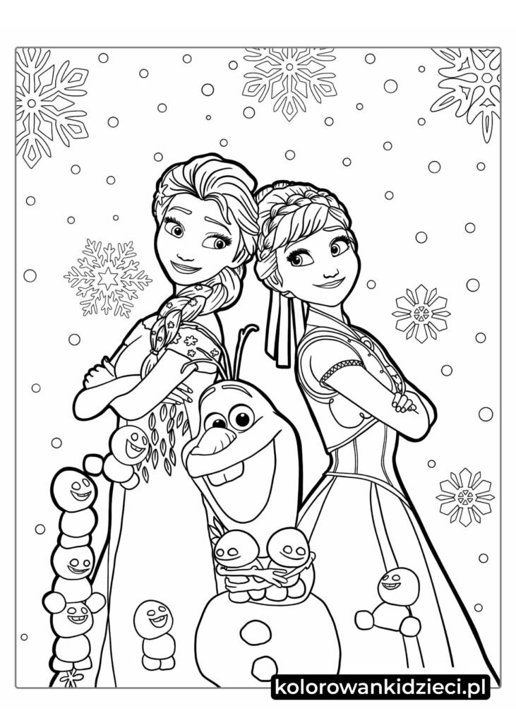 śnieżne-dzieci-Olaf-Anna-i-Elsa-kolorowanka