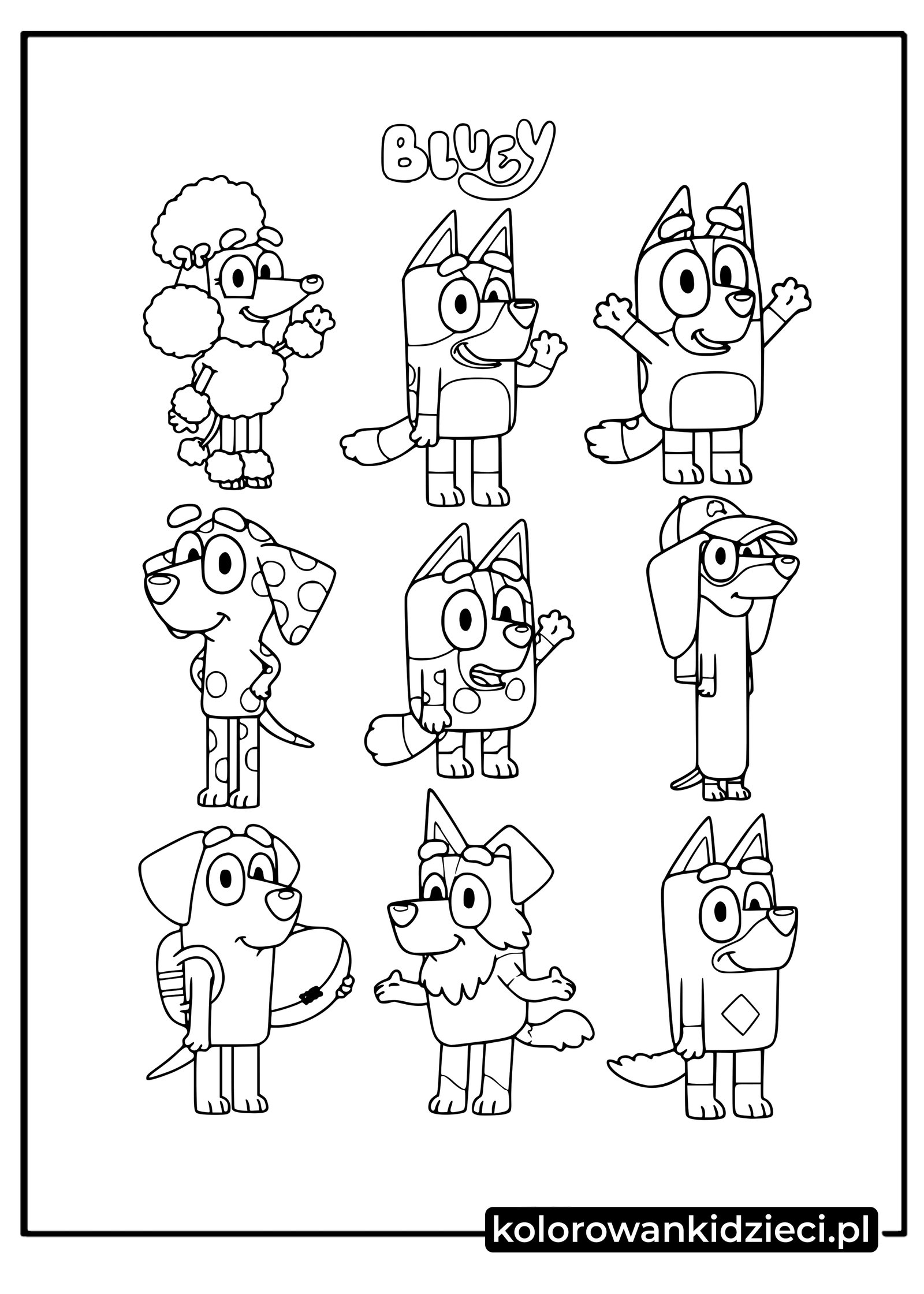 Kolorowanka do druku Bluey postacie  Kolorowanka-postacie-Bluey