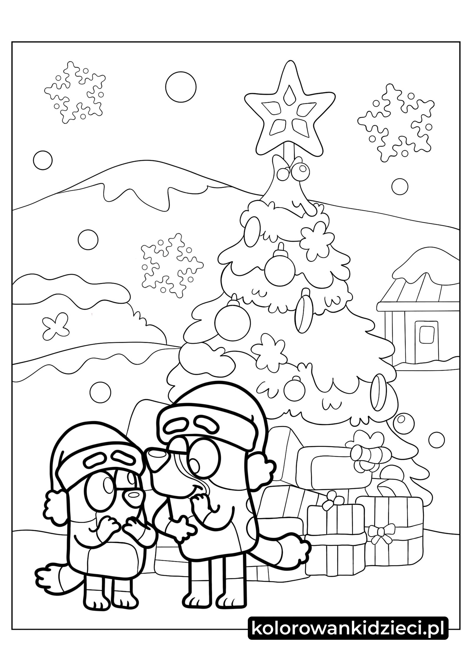 Kolorowanka do druku Bluey i Bingo w czapkach Świętego  Kolorowanki-Bluey-i-Bingo-w-czapkach-Świętego-Mikołaja-przed-choinką