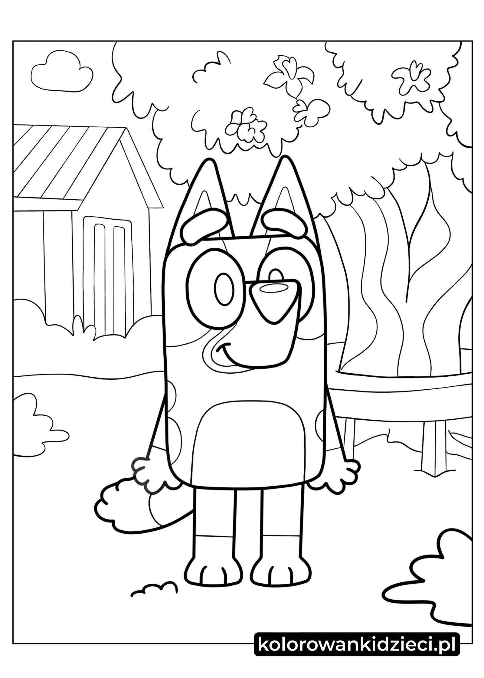 Kolorowanka do druku Bluey Stojący Na Podwórku  Szczęśliwy-Bluey-Stojący-Na-Podwórku-Kolorowanka-Arkusz