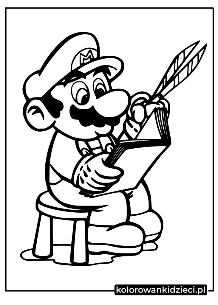 Mario czytający książkę z gry Super Mario kolorowanka do druku dla dzieci