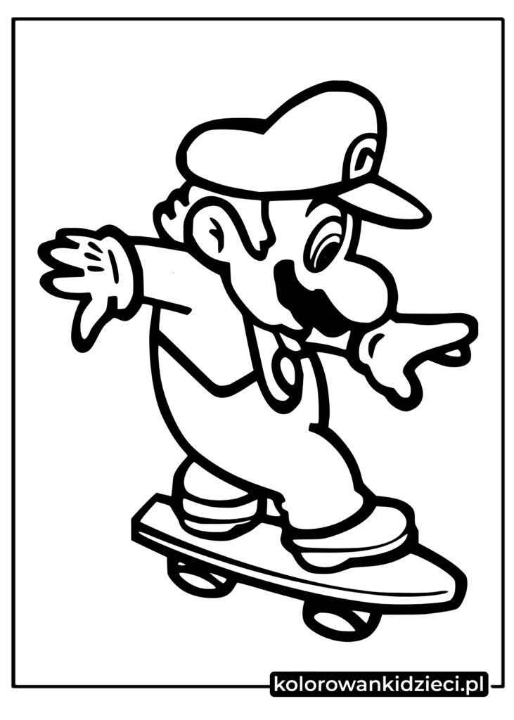 Mario grający na deskorolce z gry Super Mario kolorowanka do druku dla dzieci
