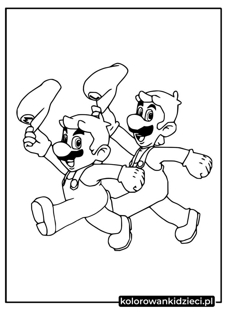 Mario i Luigi trzymający kapelusze z gry Super Mario kolorowanka do druku dla dzieci