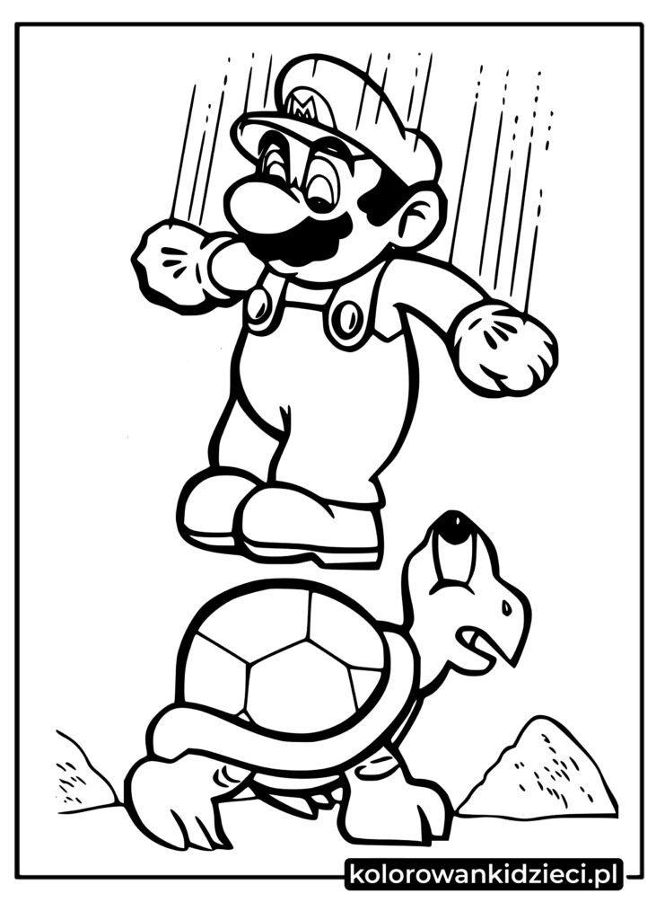 Mario skaczący na żółwiu z gry Super Mario kolorowanka do druku dla dzieci