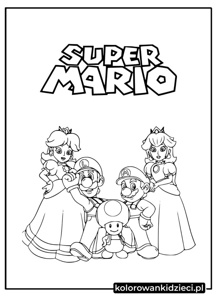 Kolorowanka z postaciami z gry Super Mario do druku dla dzieci