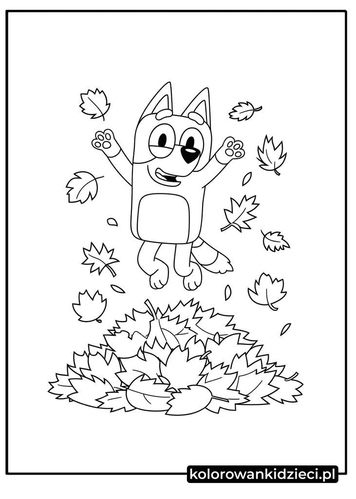 Bluey kolorowanka do wydruku - wesoły piesek skaczący w stertę liści