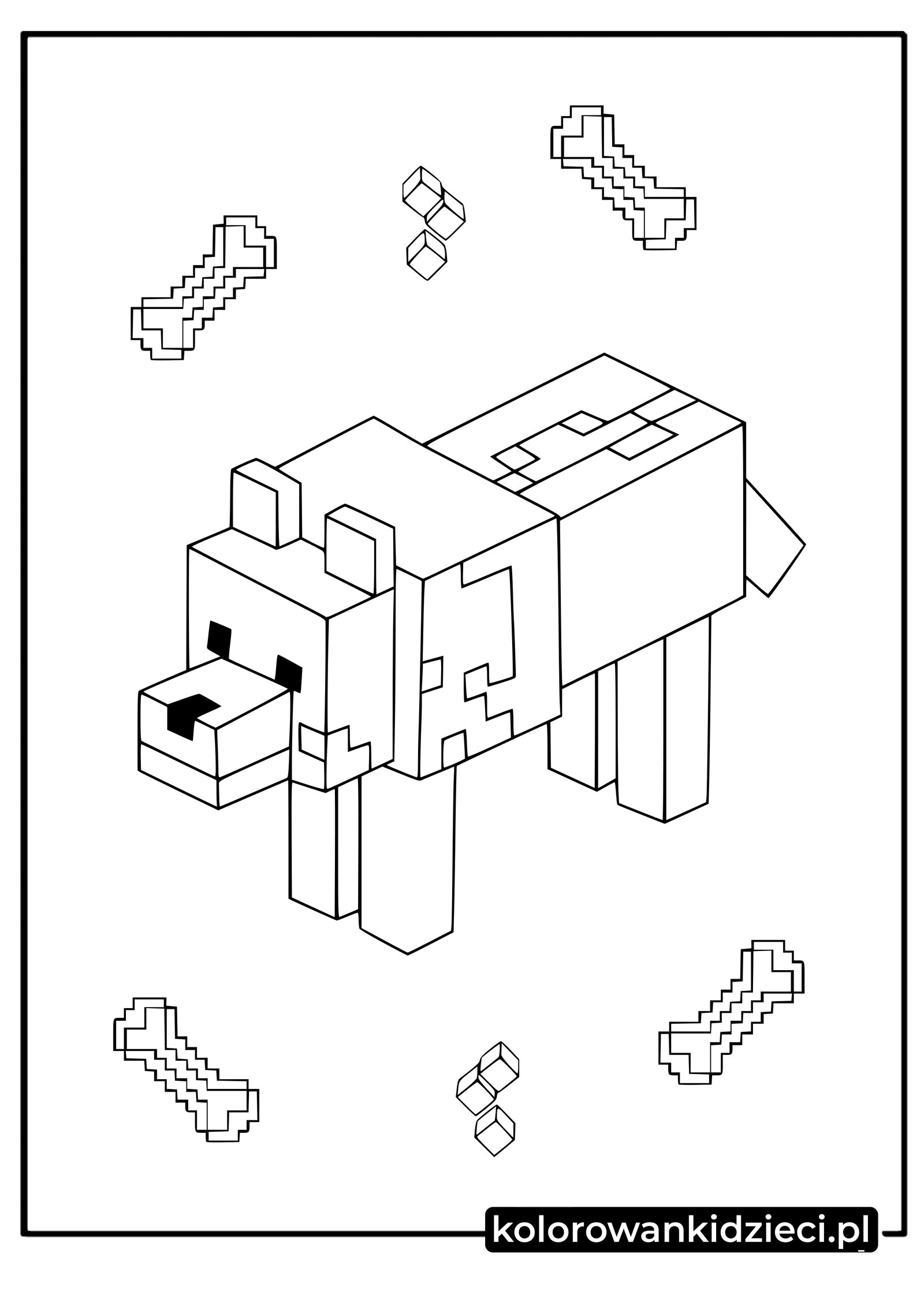 Darmowa kolorowanka: Oswojony wilk z kośćmi w stylu Minecraft Wilk z gry Minecraft – rysunki do kolorowania przedstawiające psa i kości