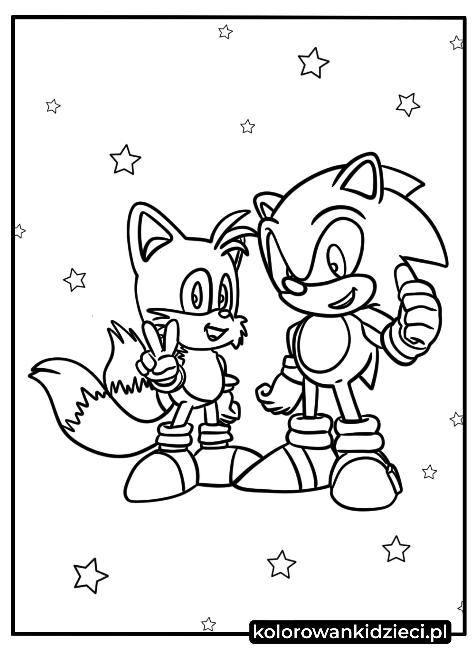 Kolorowanki Sonic i Tails przedstawiające jeża z kciukiem w górę i liska ze znakiem pokoju