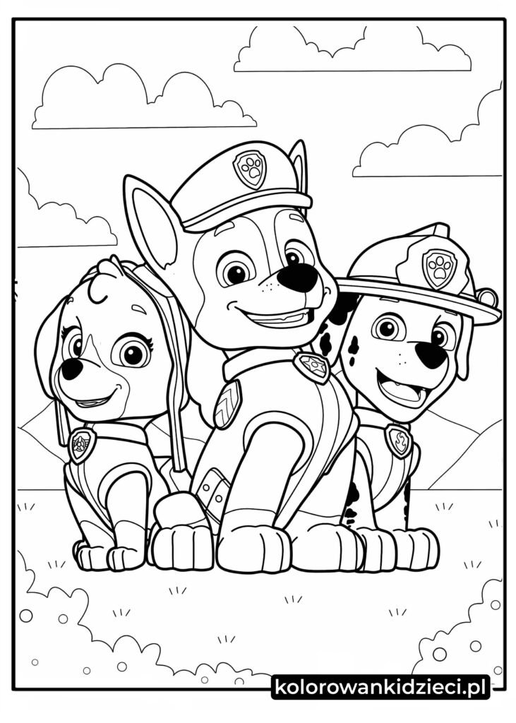 Kolorowanki psi patrol z Chase,-Skye-i-Marshall-dla-dzieci
