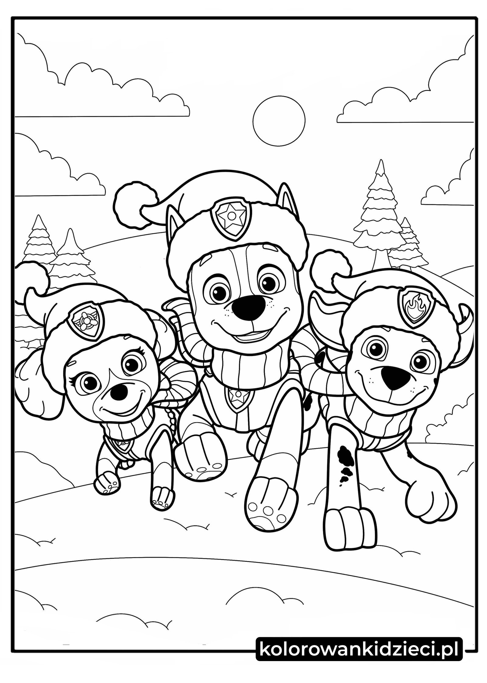 Kolorowanka do druku Psi Patrol motywem świątecznym Kolorowanki motywem-świątecznym Psi-Patrol