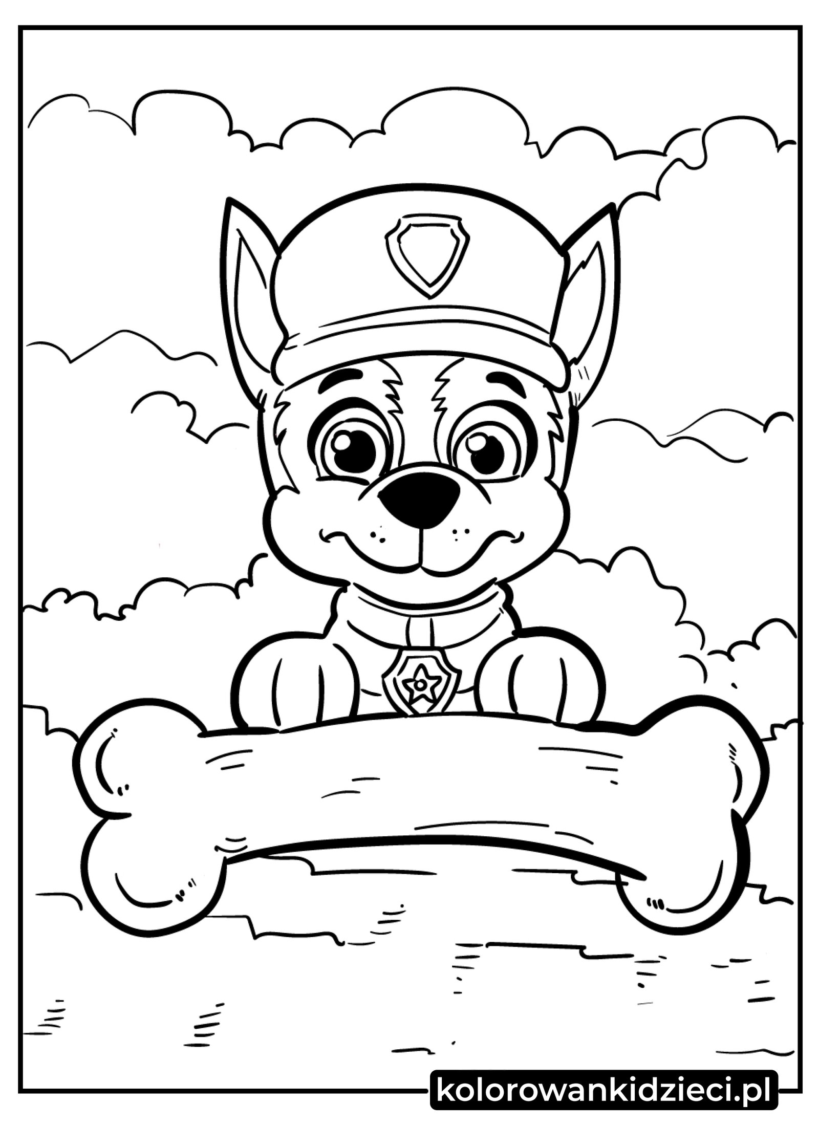 Psi-Patrol-kolorowanki Chase ukrywający-się-za-ogromną-kością