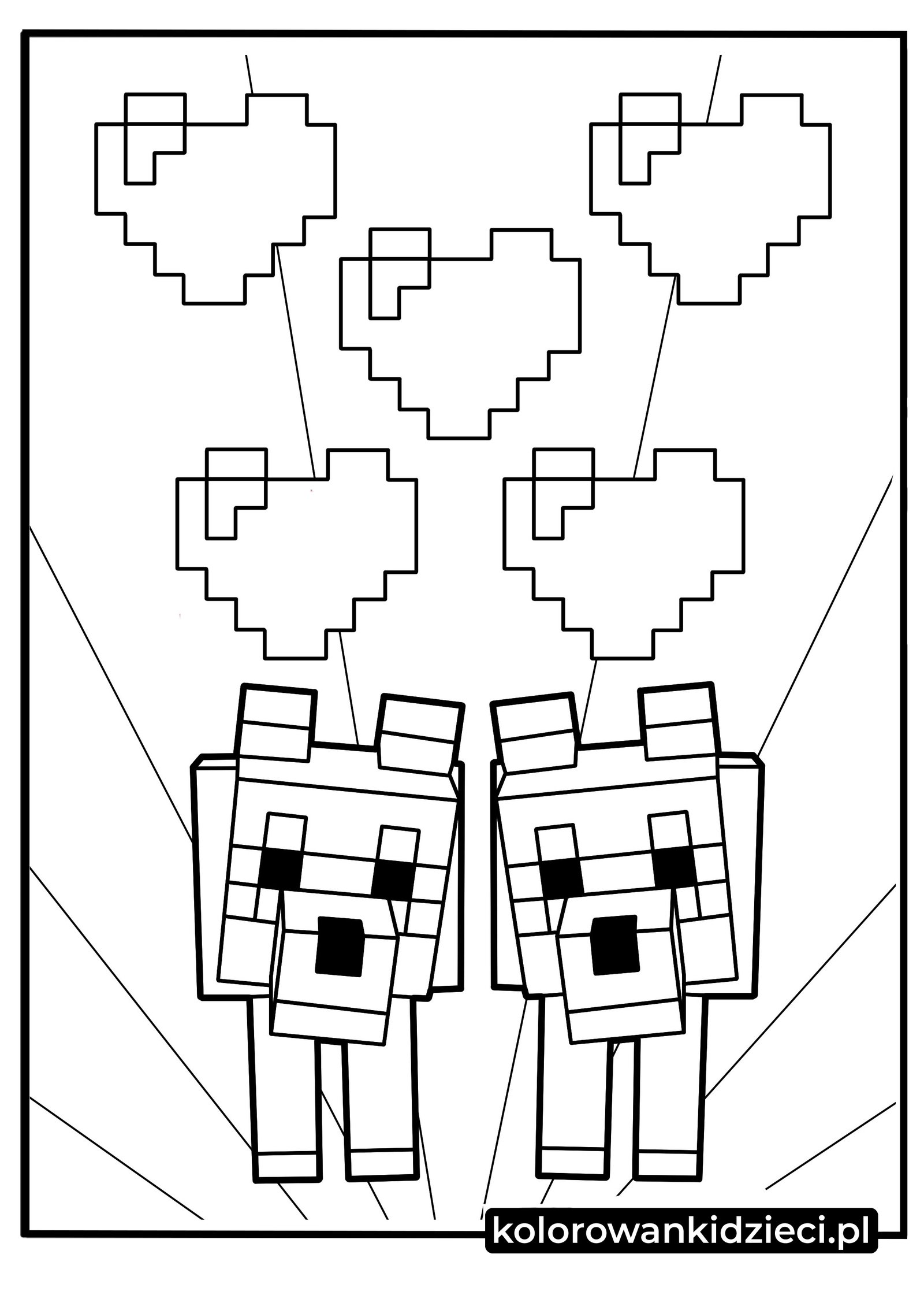 Darmowa kolorowanka: Szczęśliwe wilki z Minecrafta otoczone sercami Serce Minecraft kolorowanka z oswojonymi wilkami