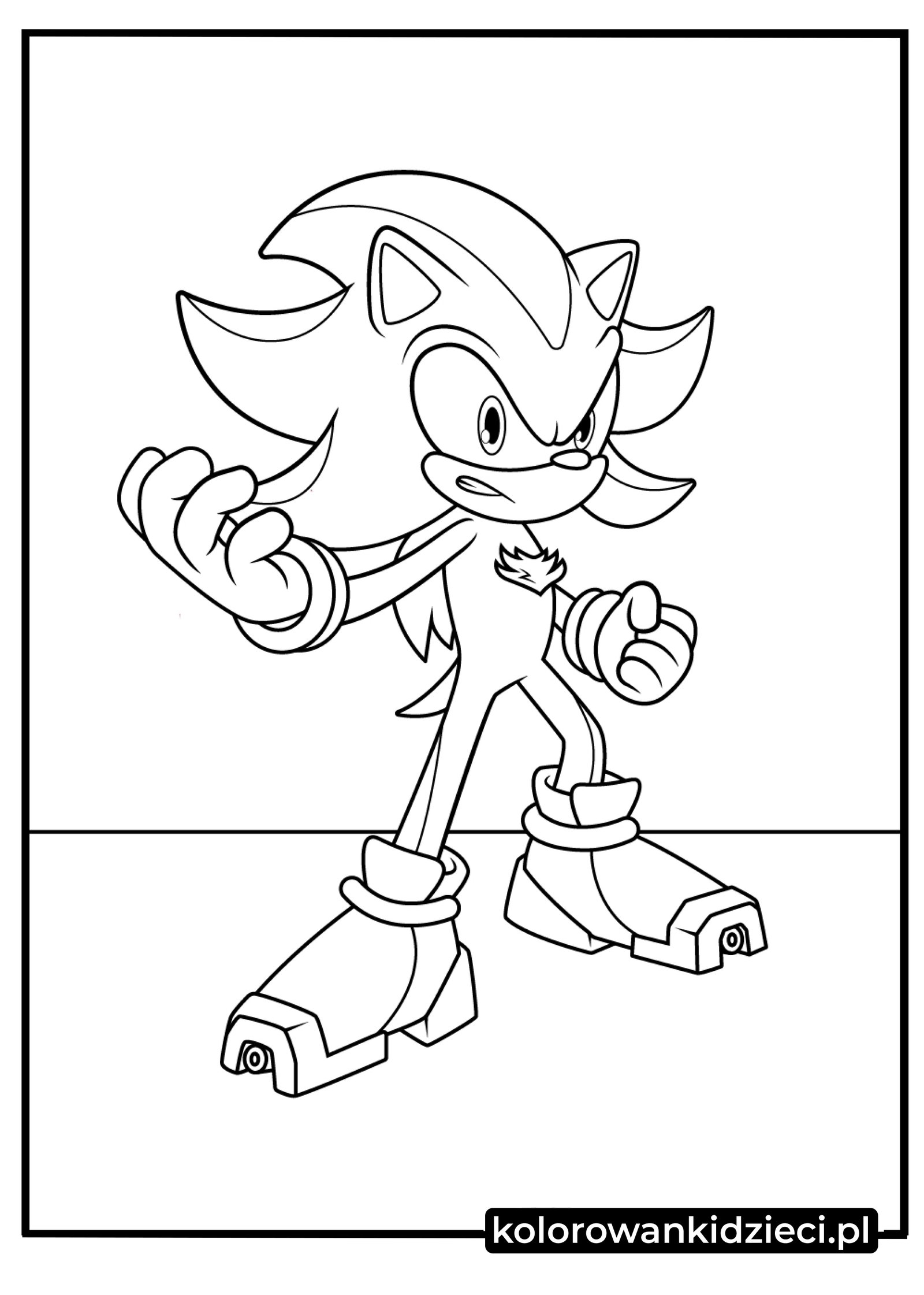 Sonic Shadow the Hedgehog kolorowanka do druku przedstawiająca czarnego jeża w bojowej pozie