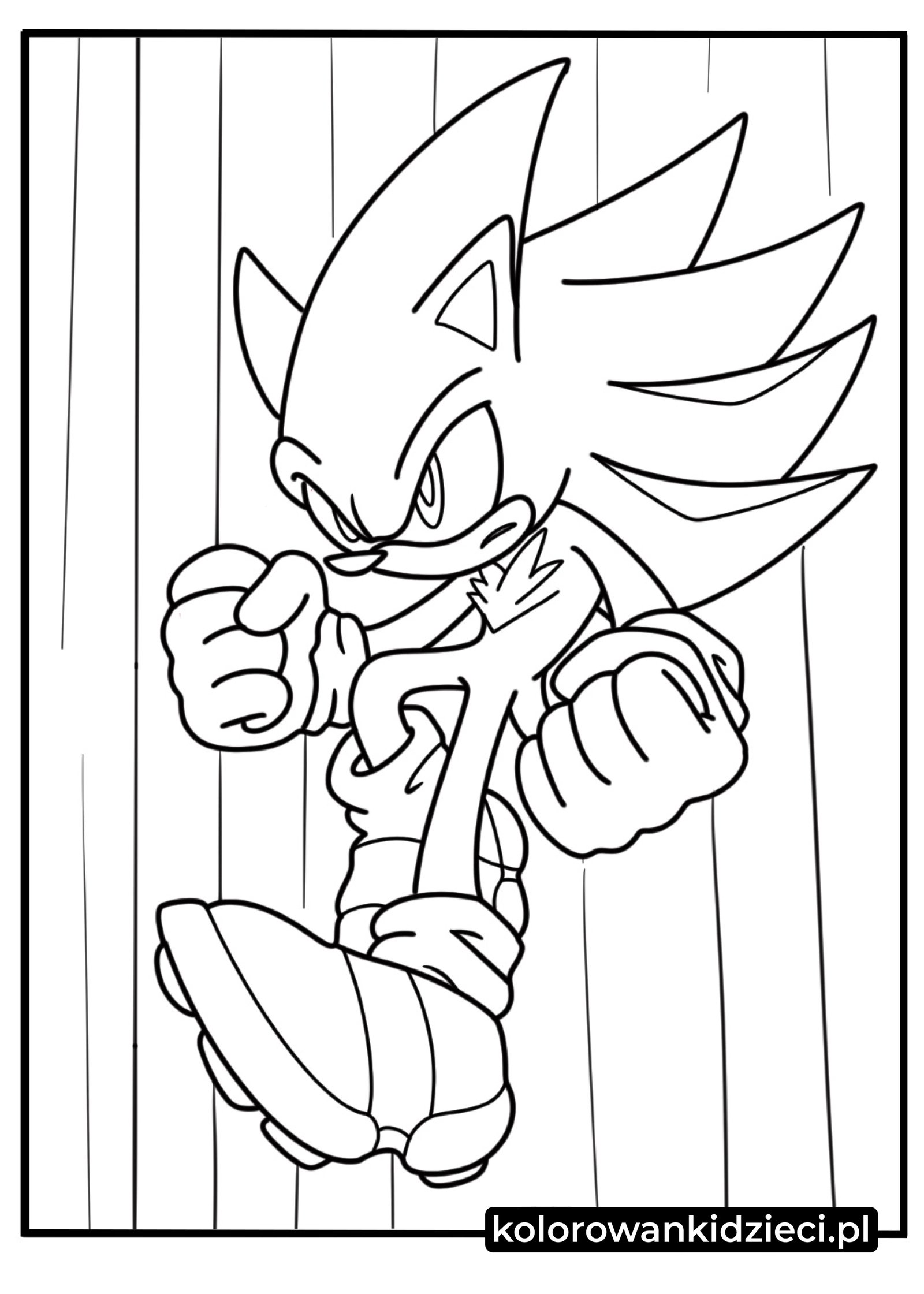 Hyper Sonic w dynamicznej pozie kolorowanka do druku przedstawiająca jeża z liniami szybkości w tle