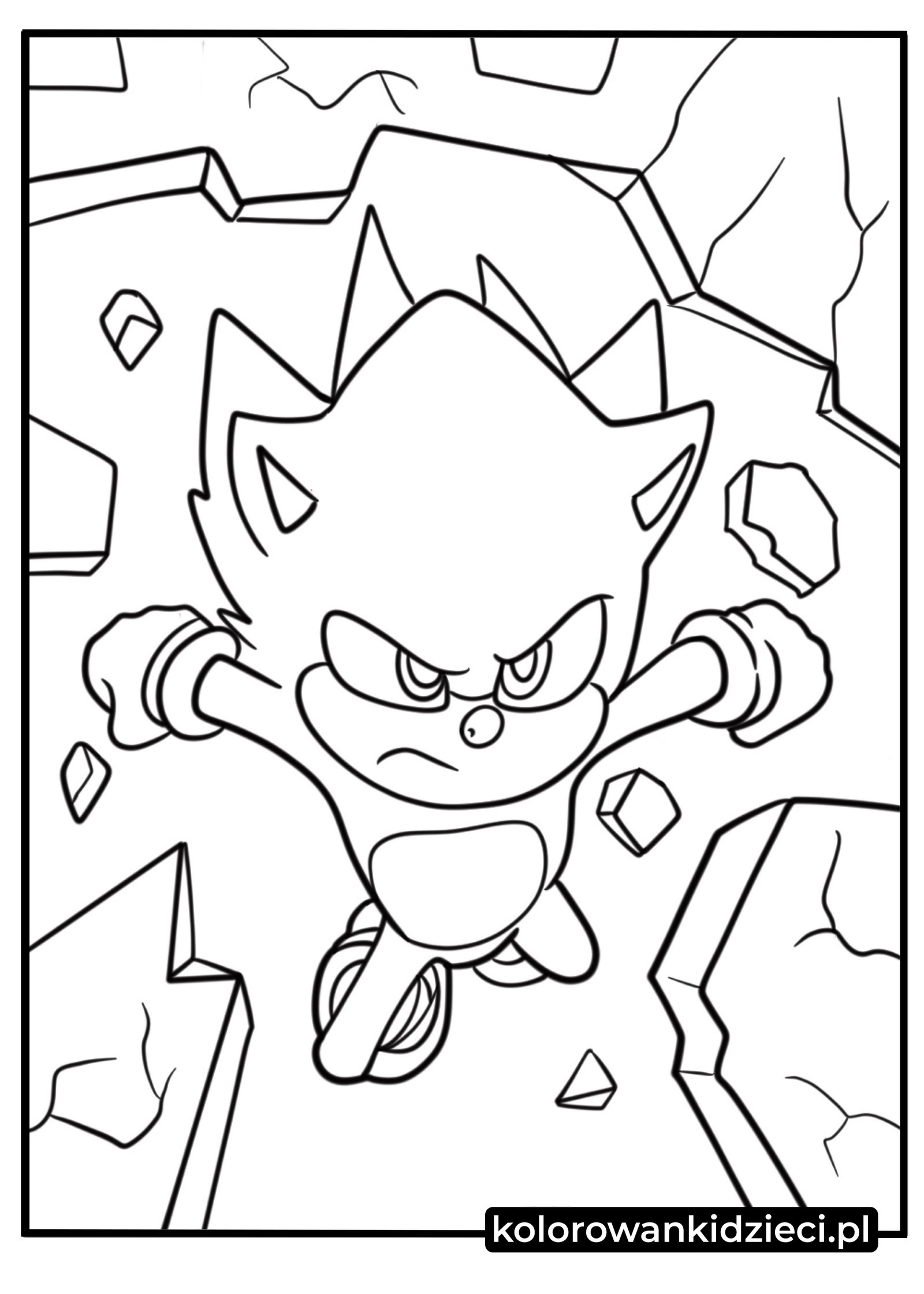 Kolorowanka Sonic przebijający się przez ścianę przedstawiająca dynamiczną scenę z gruzem i pyłem
