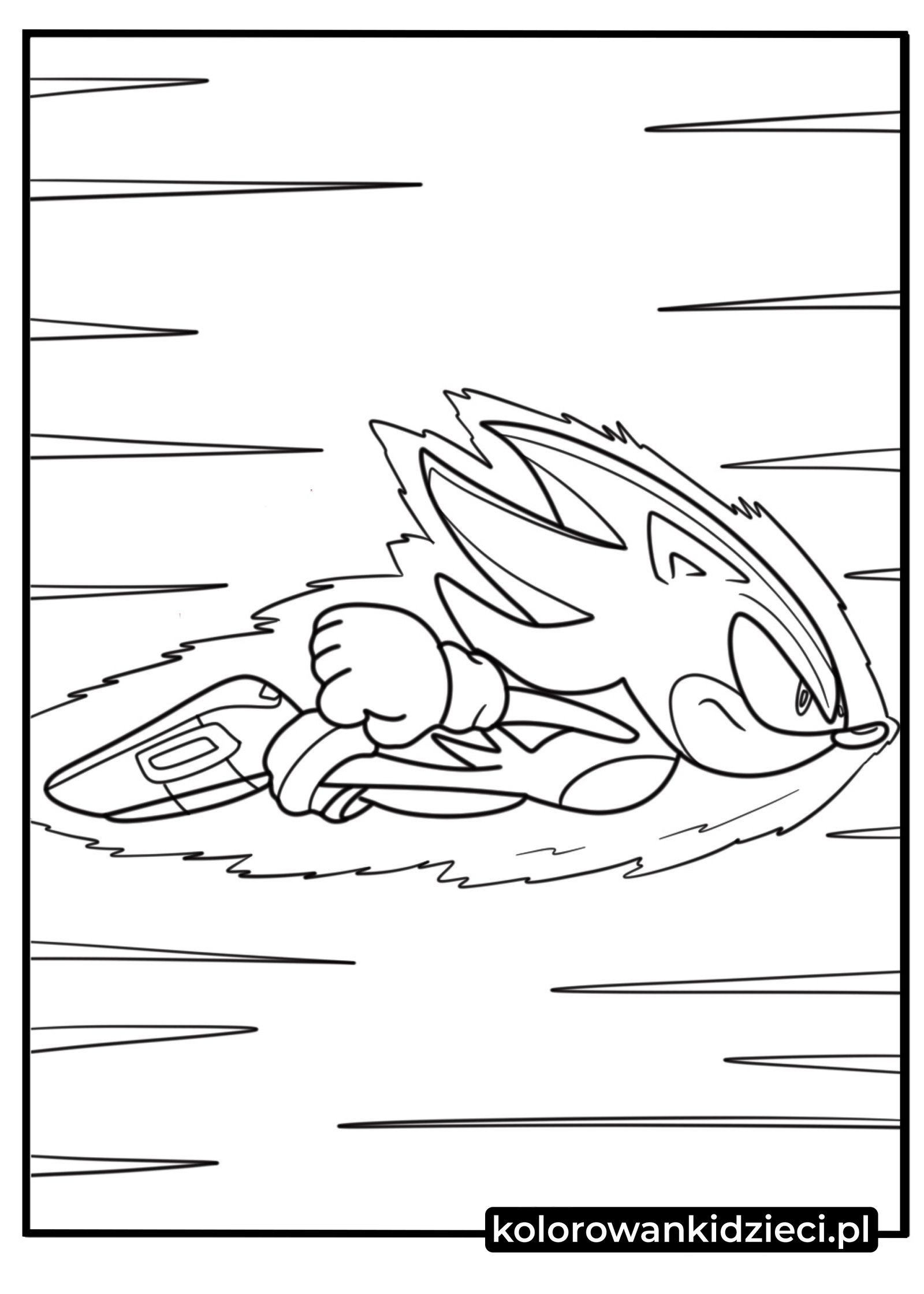 Rysunek Hyper Sonic wykonuje zryw w powietrzu – kolorowanka przedstawiająca jeża w locie z liniami pędu