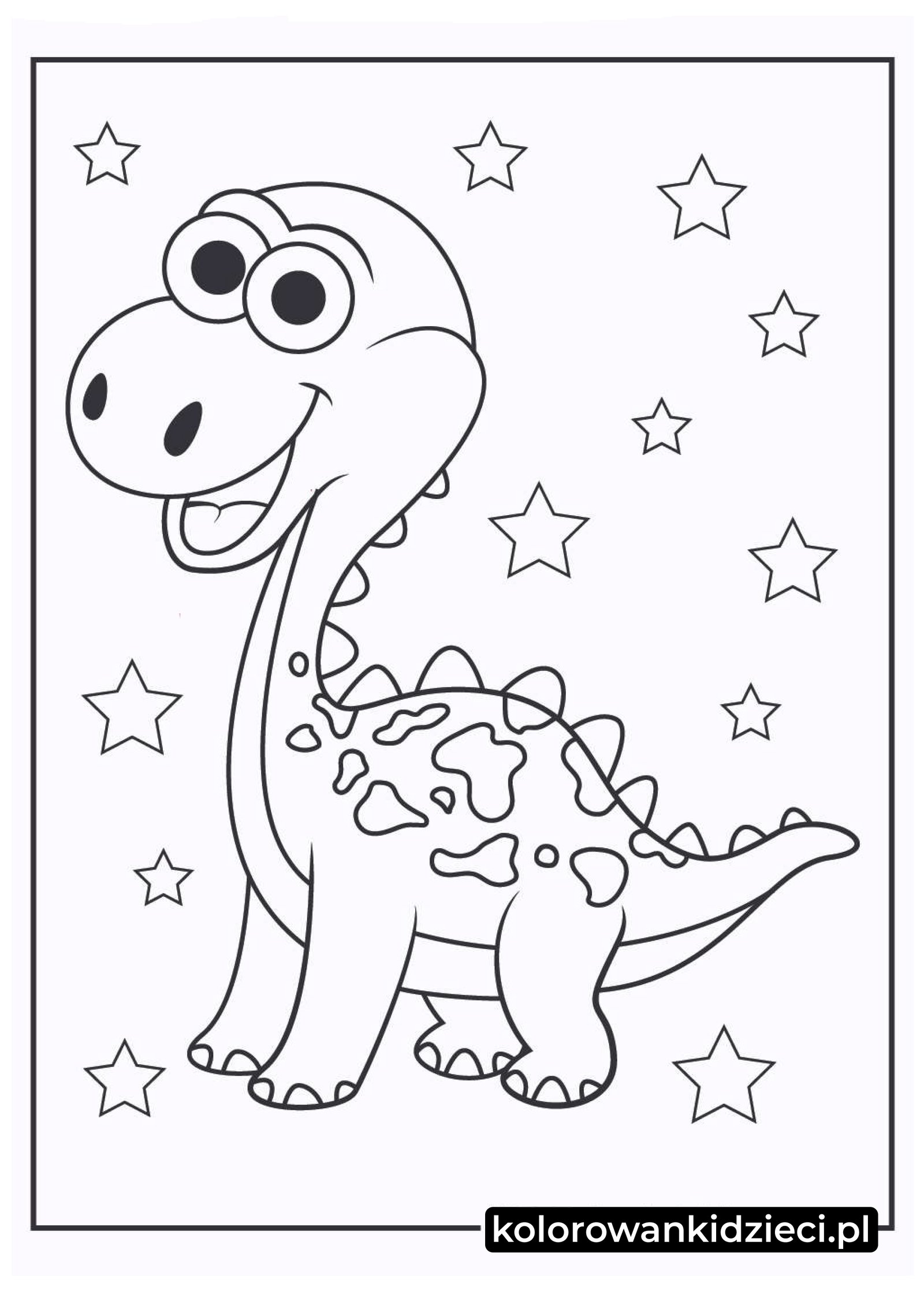 Kolorowanka dla dzieci – uśmiechnięty dinozaur z długą szyją i łatami na tle gwiazdek