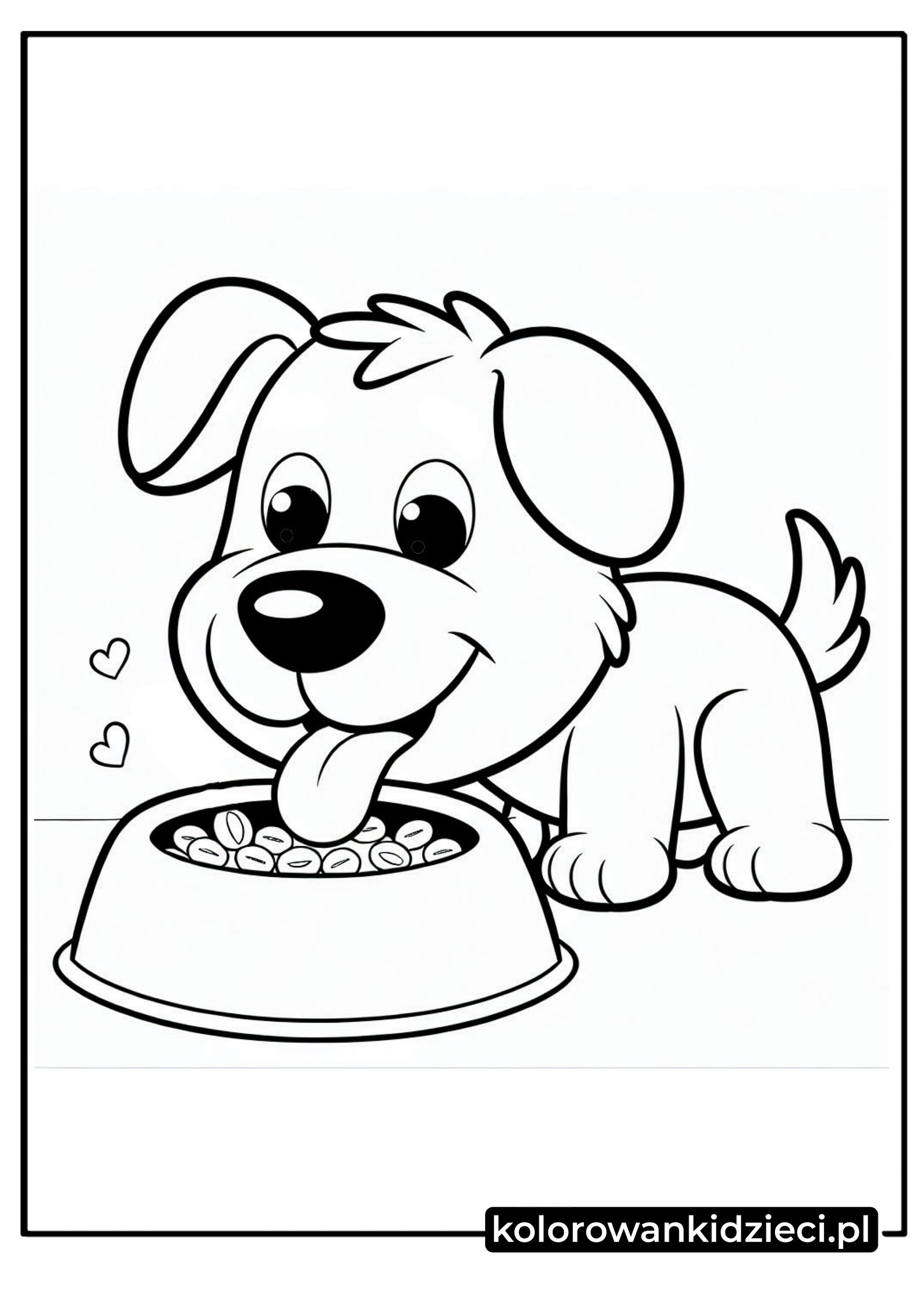 Piesek jedzący kolację kolorowanka – szczęśliwy szczeniak przy misce z karmą i serduszka