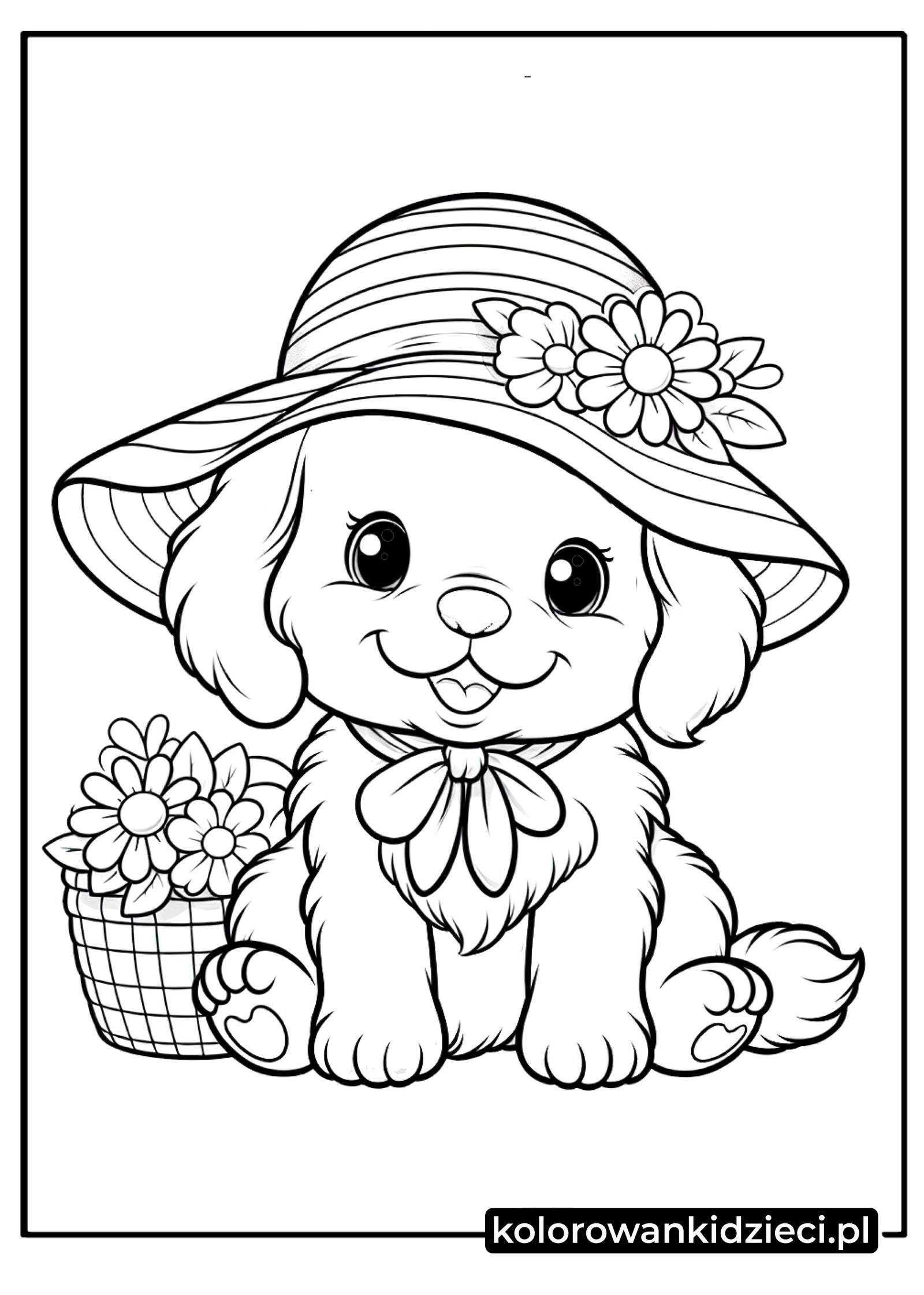 Darmowy rysunek do druku: Słodki piesek gotowy na wiosenny spacer Uroczy szczeniak w kapeluszu kolorowanka – puszysty piesek z kokardą i koszykiem kwiatów