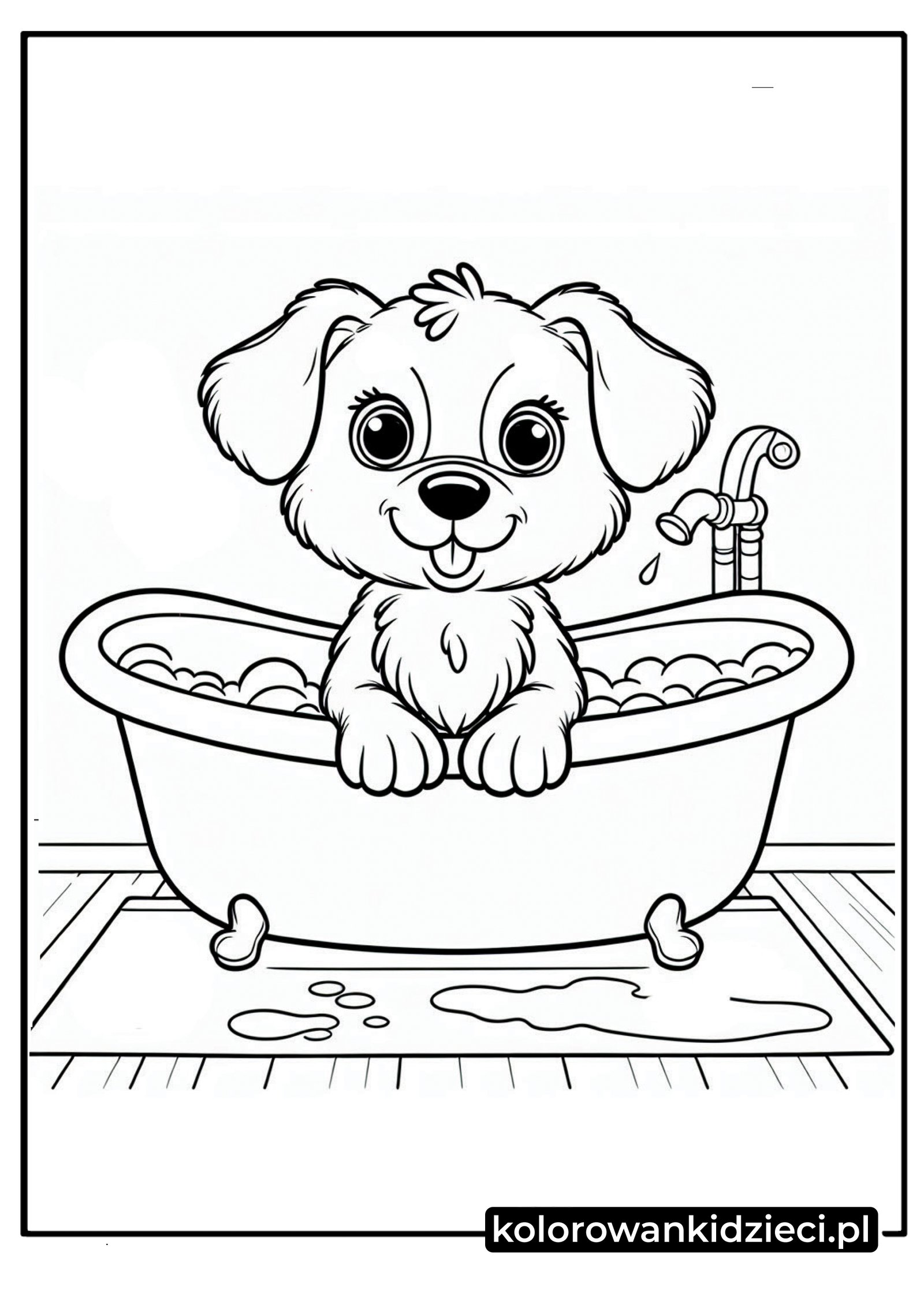 Szczeniak w kąpieli kolorowanka – radosny piesek w wannie pełnej piany i bąbelków
