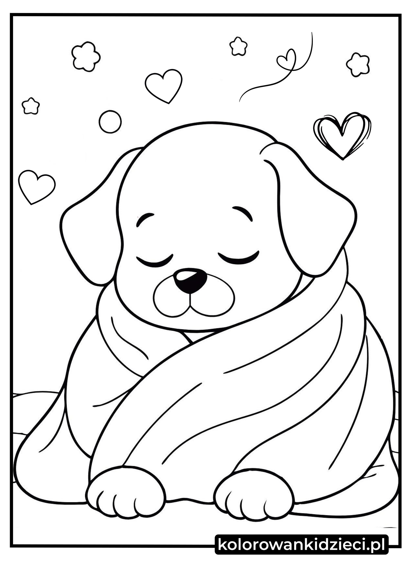 Śpiący piesek w kocyku kolorowanka – szczeniak owinięty w koc śni o gwiazdkach i serduszkach