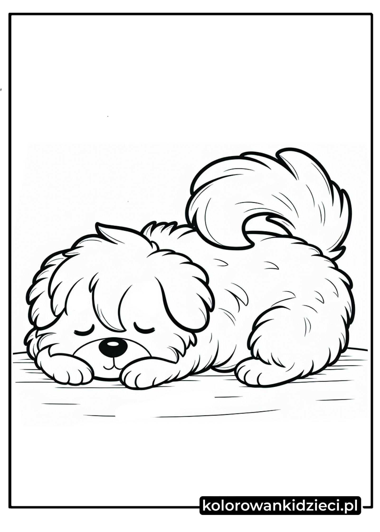 Darmowy rysunek do druku: Słodka drzemka puszystego szczeniaka Śpiący puszysty piesek kolorowanka – mały pies z zakręconym ogonem śpi na brzuchu