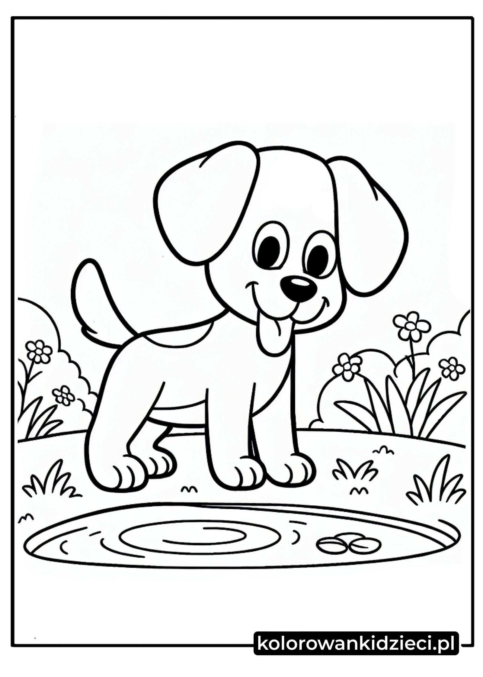 Wesoły szczeniak przy kałuży kolorowanka – radosny piesek z wielkimi oczami stoi w trawie obok wody