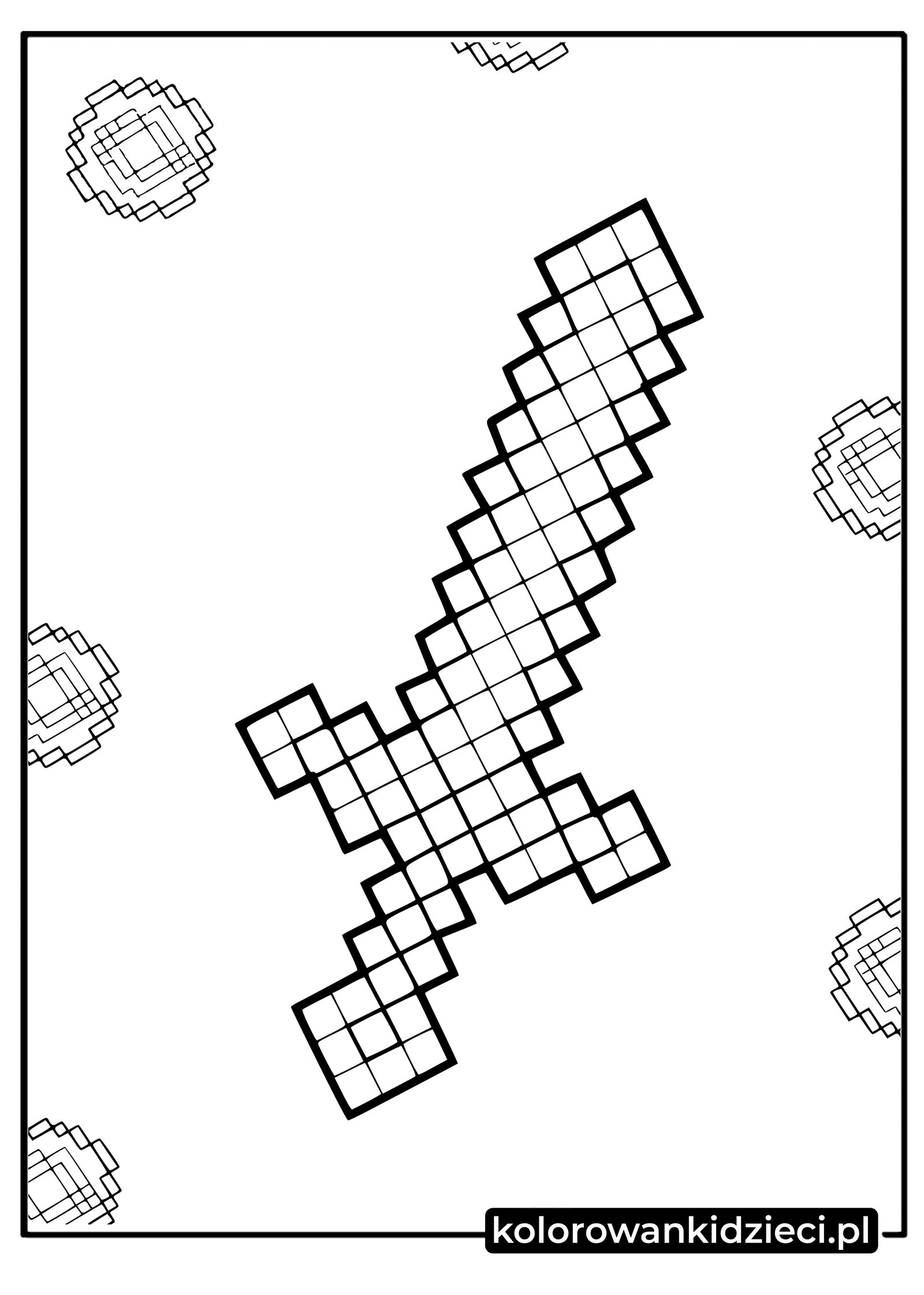 Kolorowanki Minecraft – pikselowy miecz z iskrami na białym tle, rysunek do druku PDF