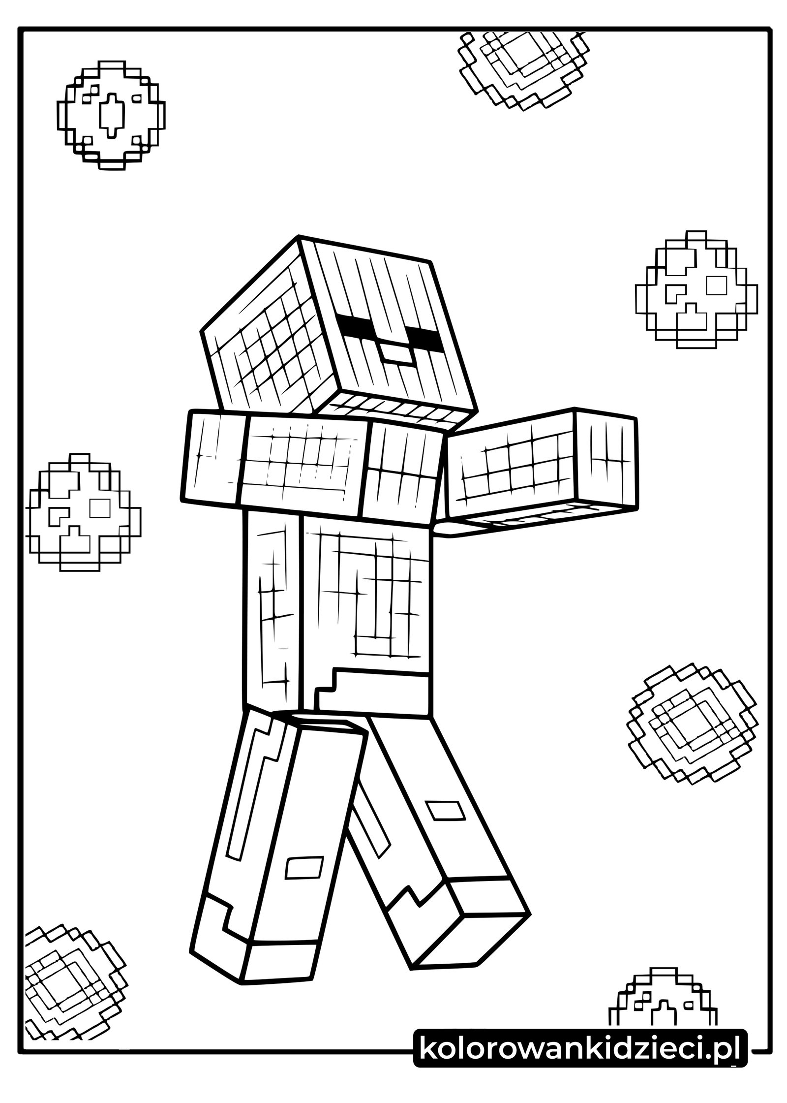 Kolorowanki Minecraft – postać Zombie z wyciągniętymi rękami i magicznymi pyłkami w tle