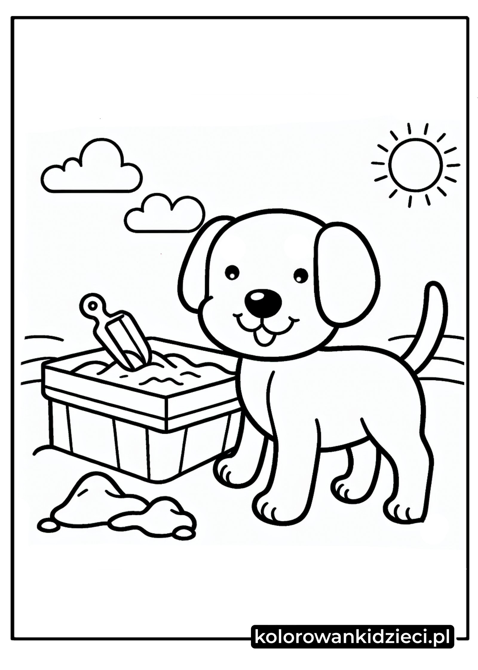 Piesek bawiący się w piasku kolorowanka – wesoły szczeniak przy piaskownicy w słoneczny dzień