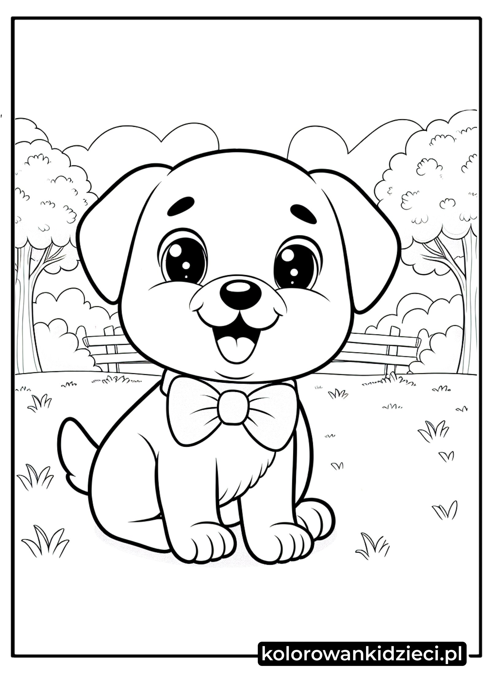 Elegancki piesek w muszce kolorowanka – uśmiechnięty szczeniak w parku z dużą kokardą