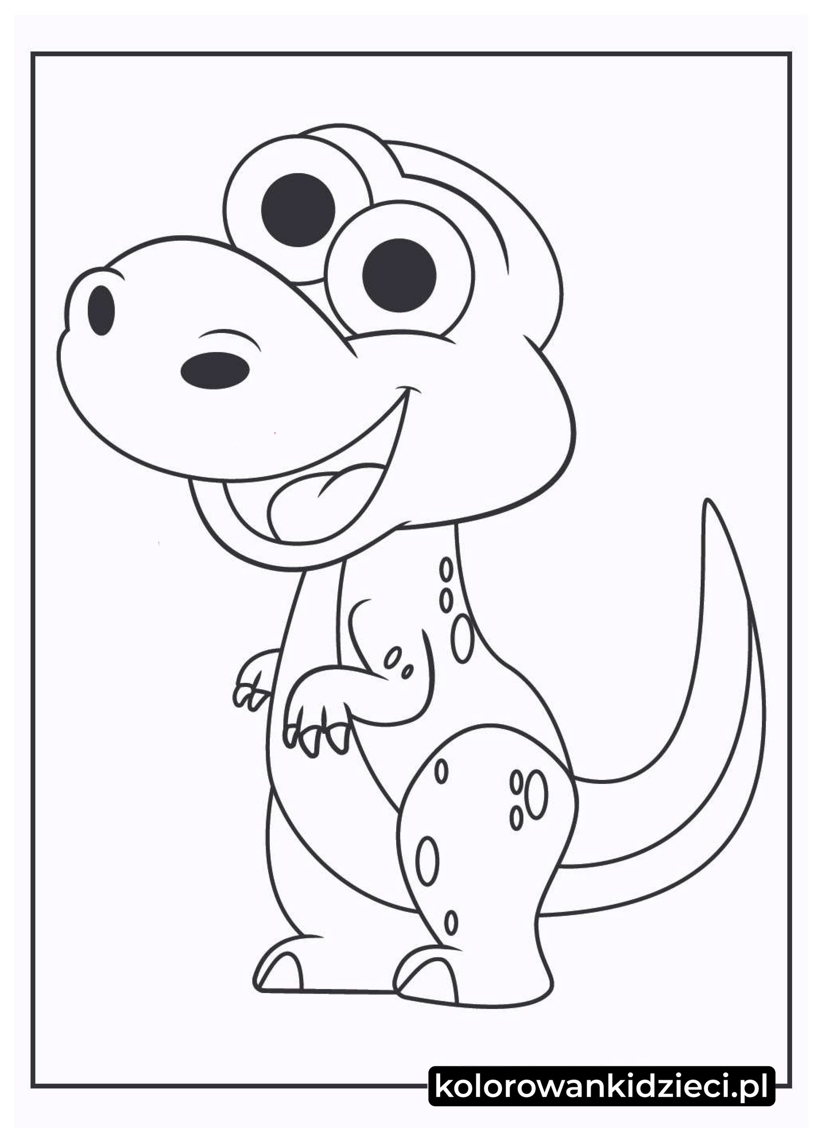 Poznaj radosnego T-Rexa! Pobierz darmową kolorowankę i dorysuj własny świat Kolorowanka dla dzieci – radosny dinozaur Tyranozaur Rex z dużymi oczami i plamkami na skórze
