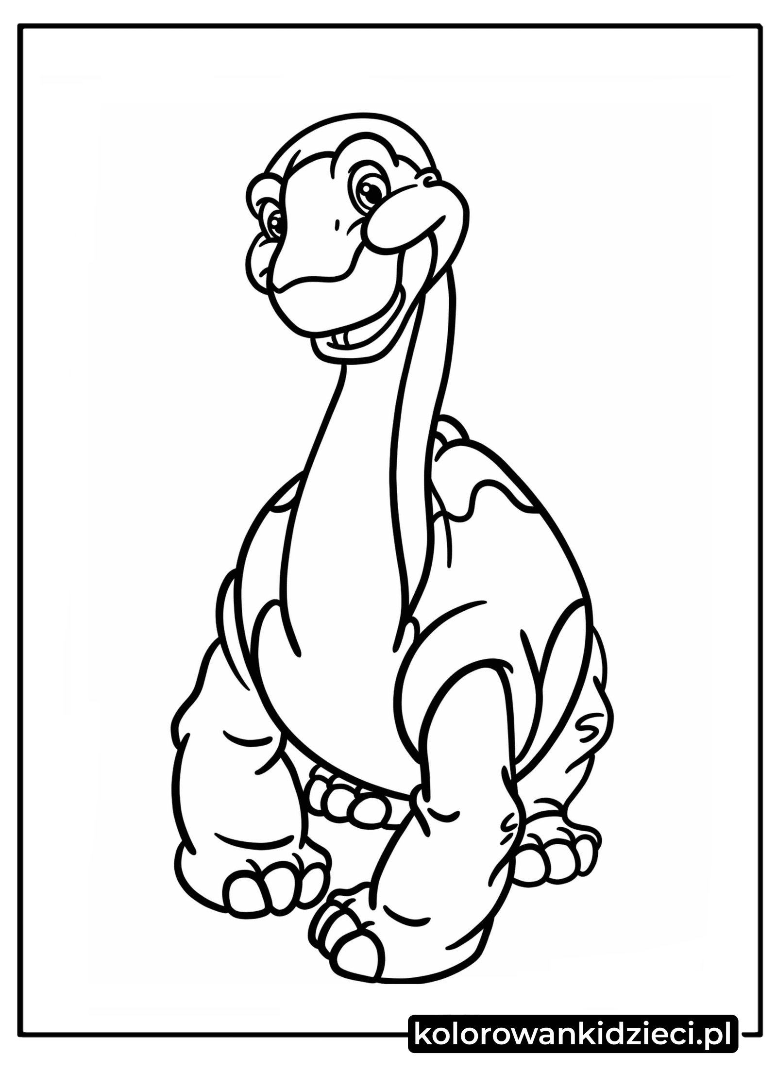 Sympatyczny dinozaur zauropod z długą szyją i plamami na grzbiecie – darmowa kolorowanka.
