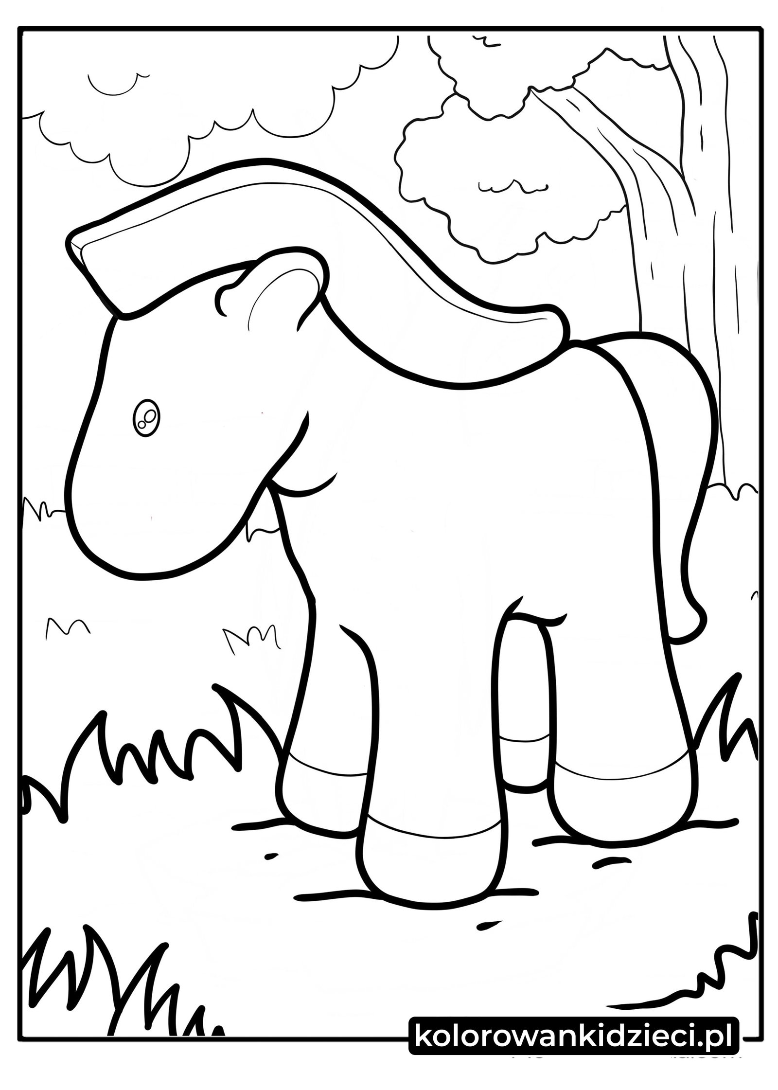 Uroczy mały konie stojący na trawie pod drzewami – radosny konik do kolorowania dla dzieci.