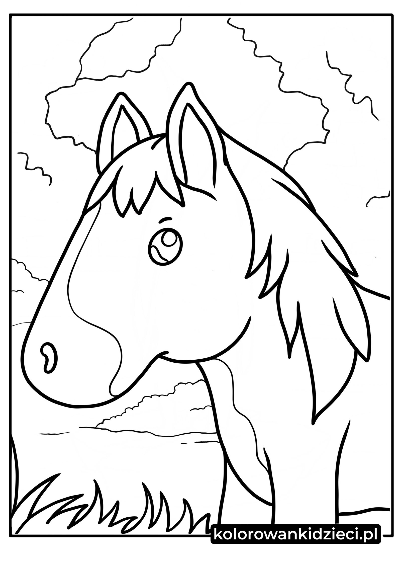 Portret łagodnego konia z grzywą na tle chmur i trawy – konik do kolorowania dla dzieci.
