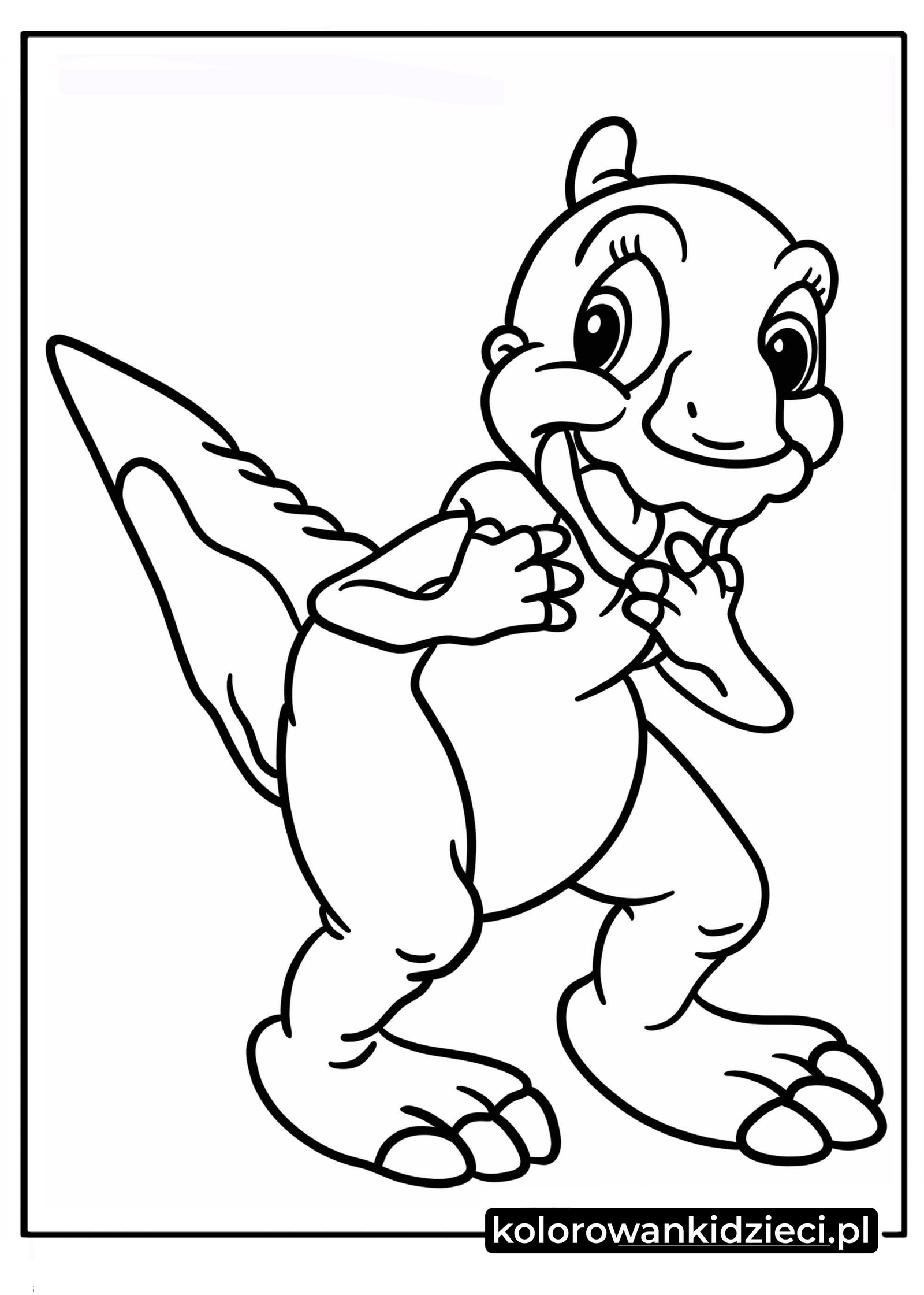 Uśmiechnięty mały dinozaur – radosny dinozaur kolorowanka do druku dla dzieci.