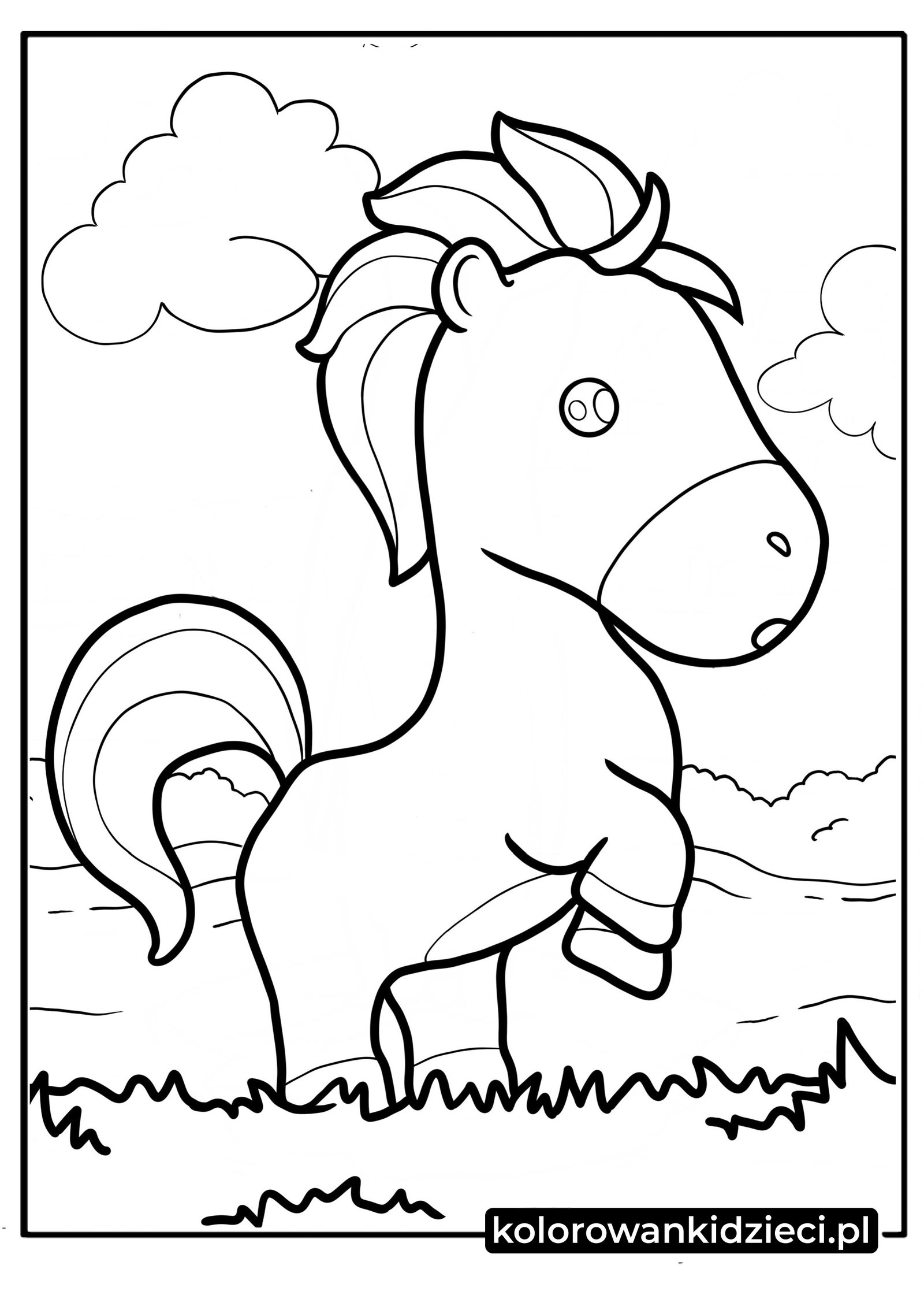 Uroczy rysunkowy konik stający na tylnych nogach wśród pagórków i chmur – wesoły konik do kolorowania.