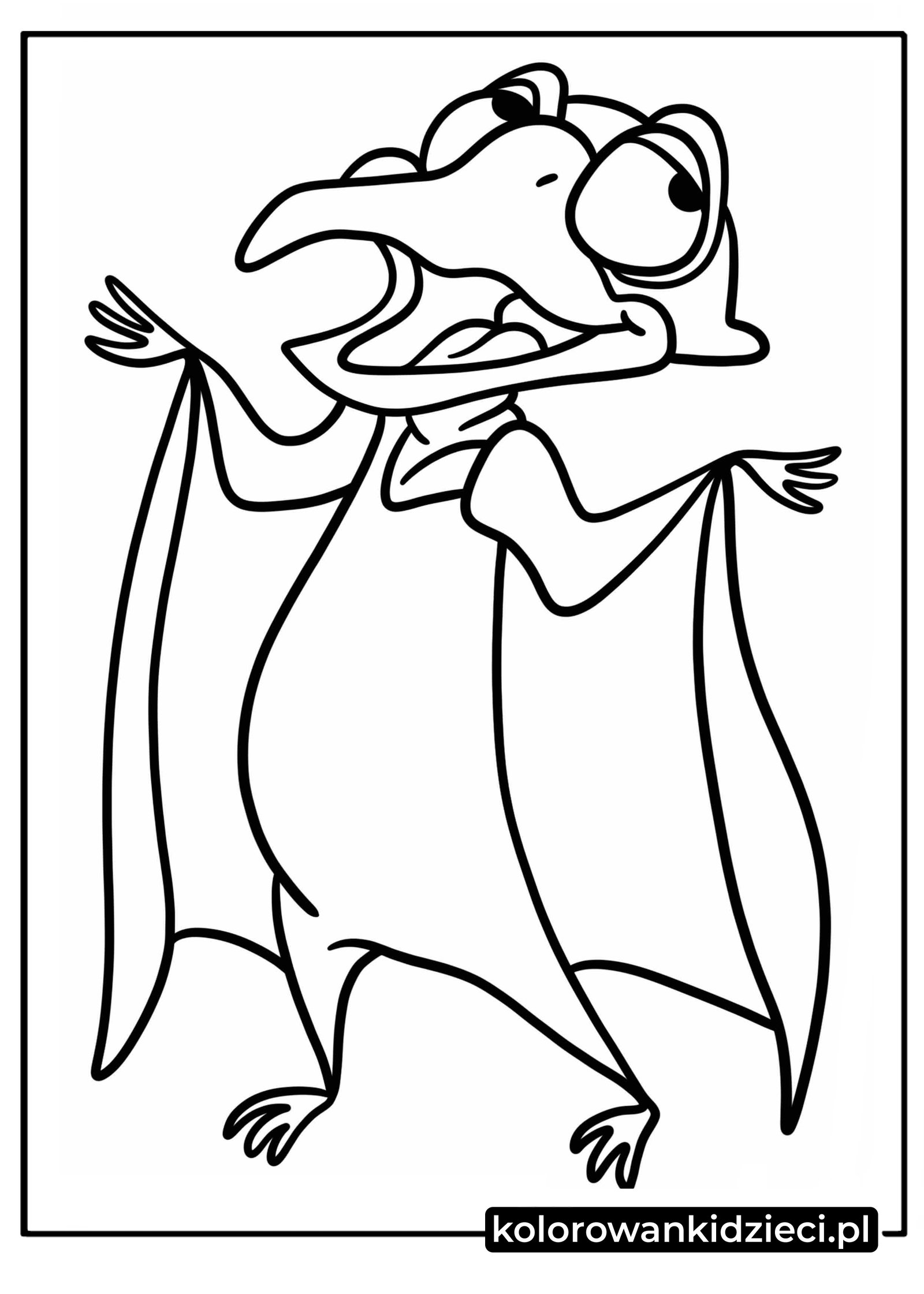 Sympatyczny pterodaktyl wzruszający ramionami z otwartym dziobem – łatwa kolorowanka dla dzieci.