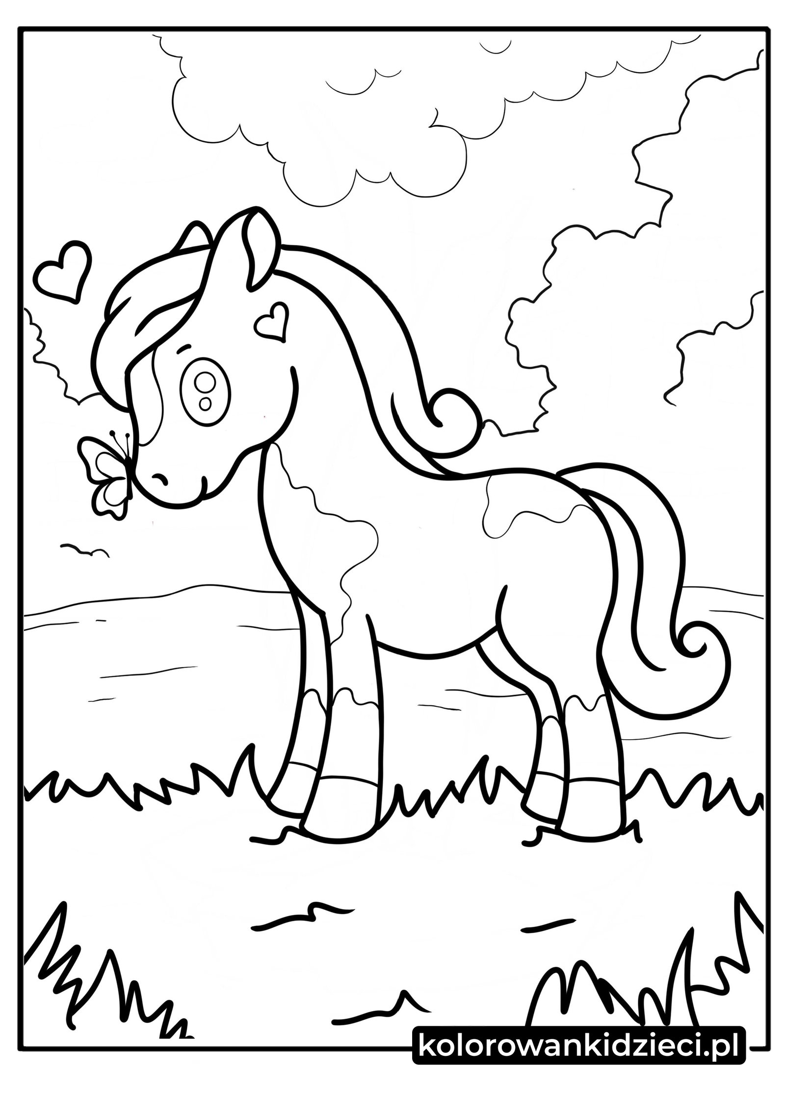 Uroczy łaciaty konik z motylem na nosie i serduszkami nad głową – wesoły konik do kolorowania dla dzieci.