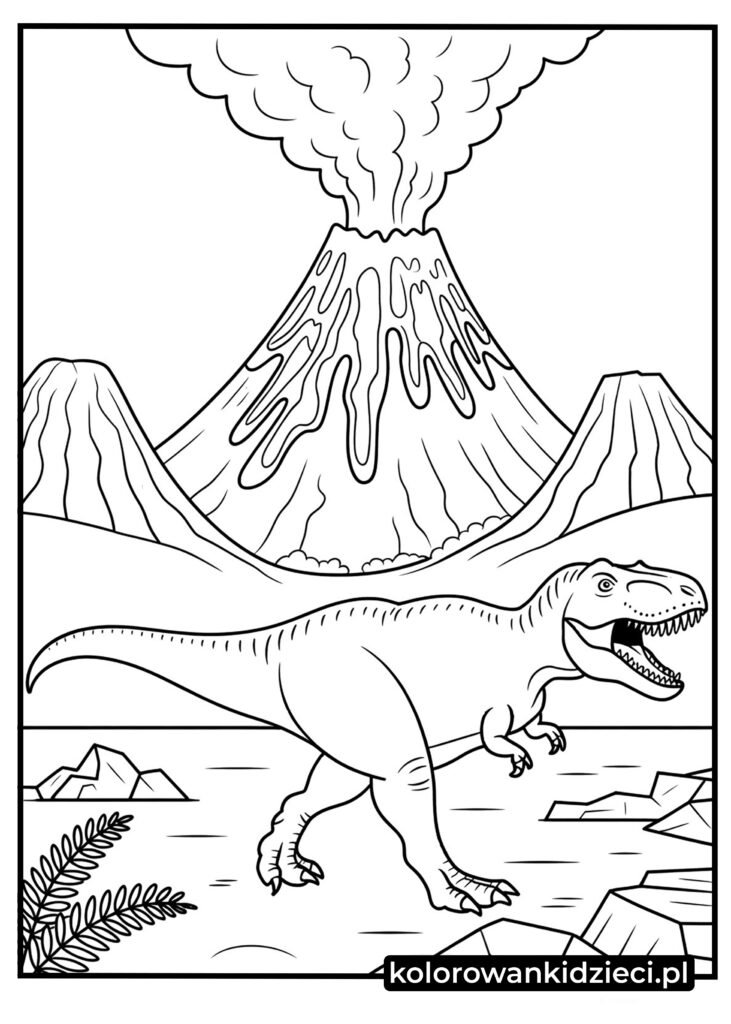 dinozaur kolorowanka - groźny t-rex na tle wybuchającego wulkanu do druku