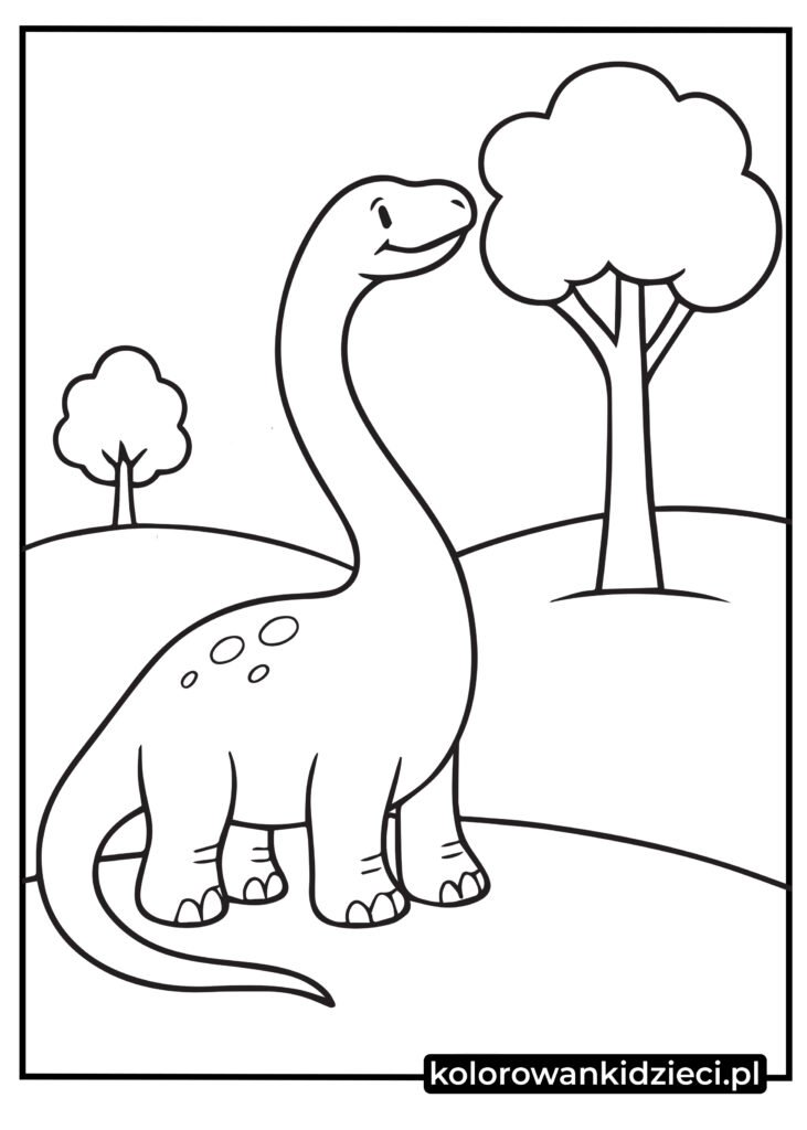 dinozaury obrazek dla dzieci - uśmiechnięty dinozaur z długą szyją wśród drzew do druku